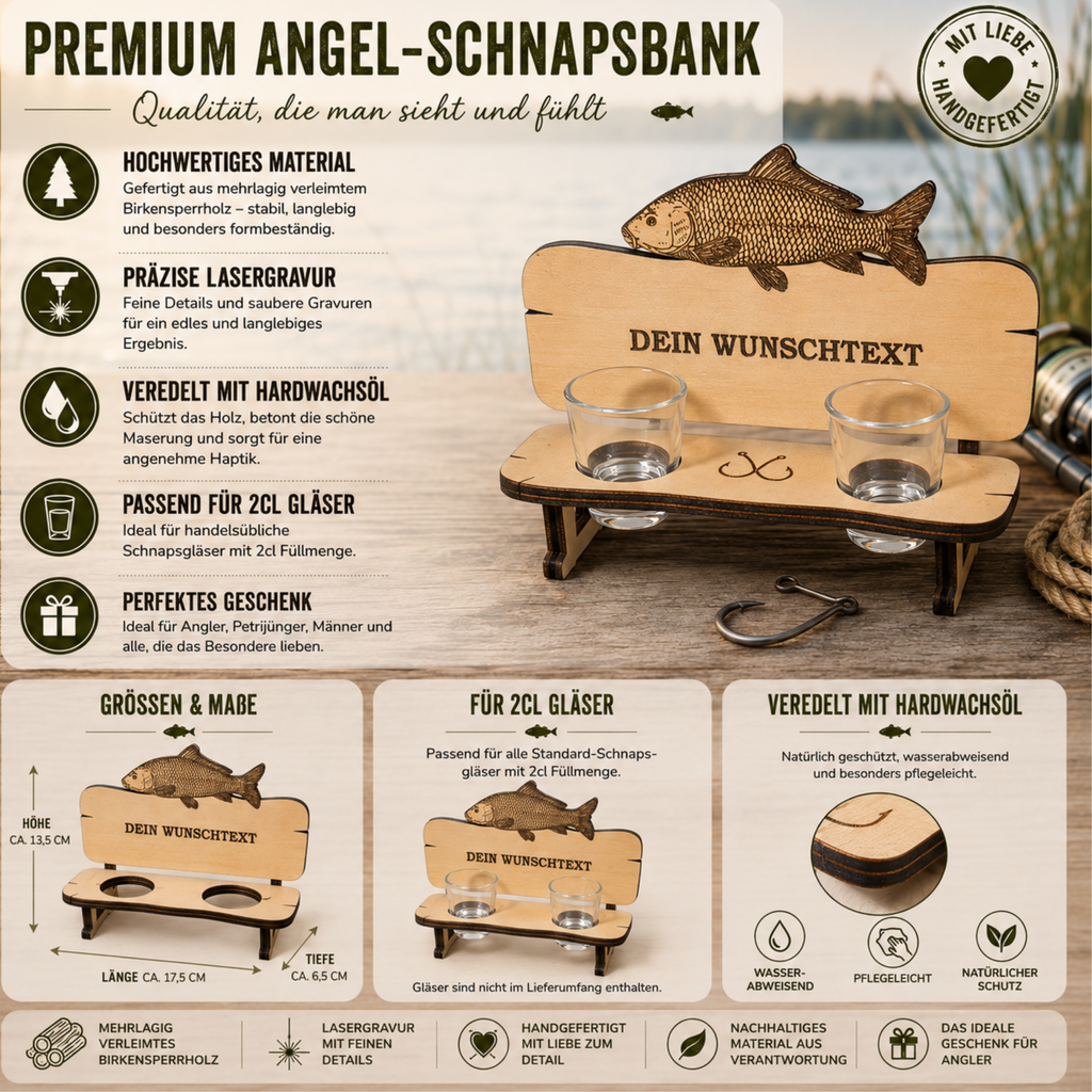 Personalisierte Karpfen-Schnapsbank aus Holz – Geschenk für Angler | 2er oder 3er Bank