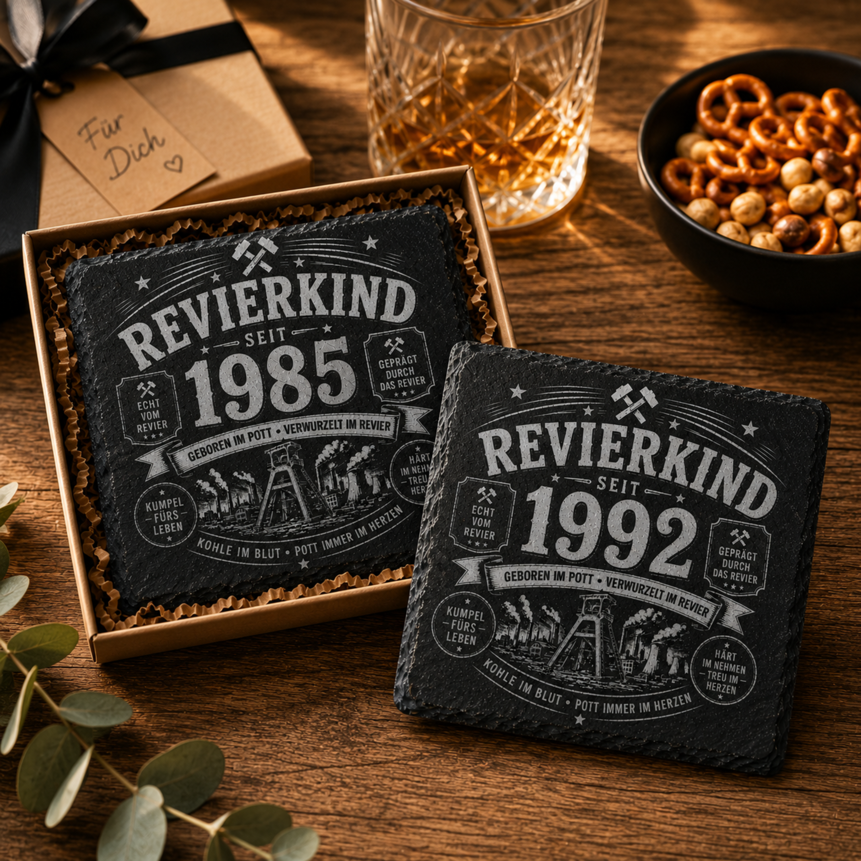 Revierkind Schieferuntersetzer personalisiert mit Jahreszahl