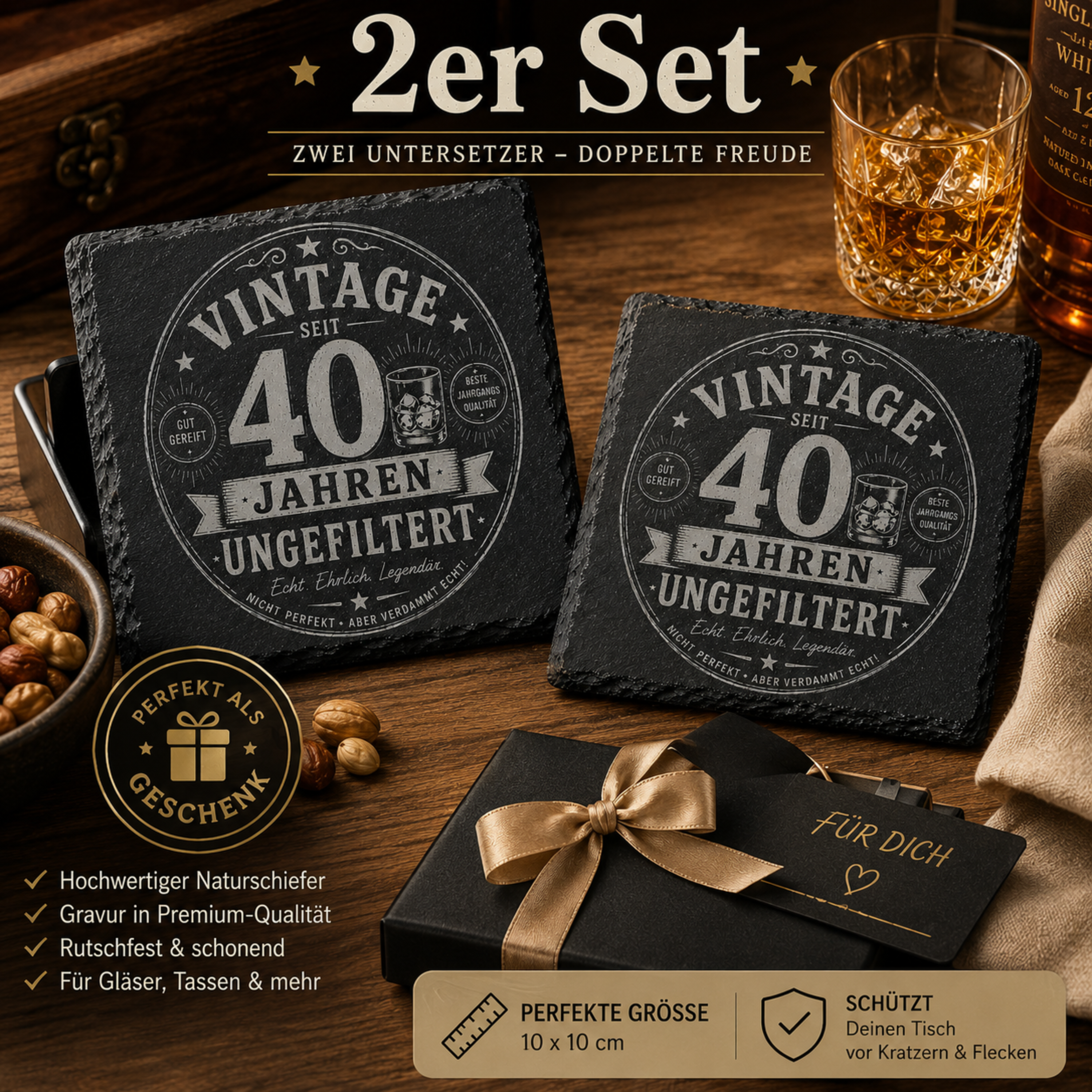 Vintage Schiefer Untersetzer personalisierbar mit Wunschalter als Geburtstagsgeschenk