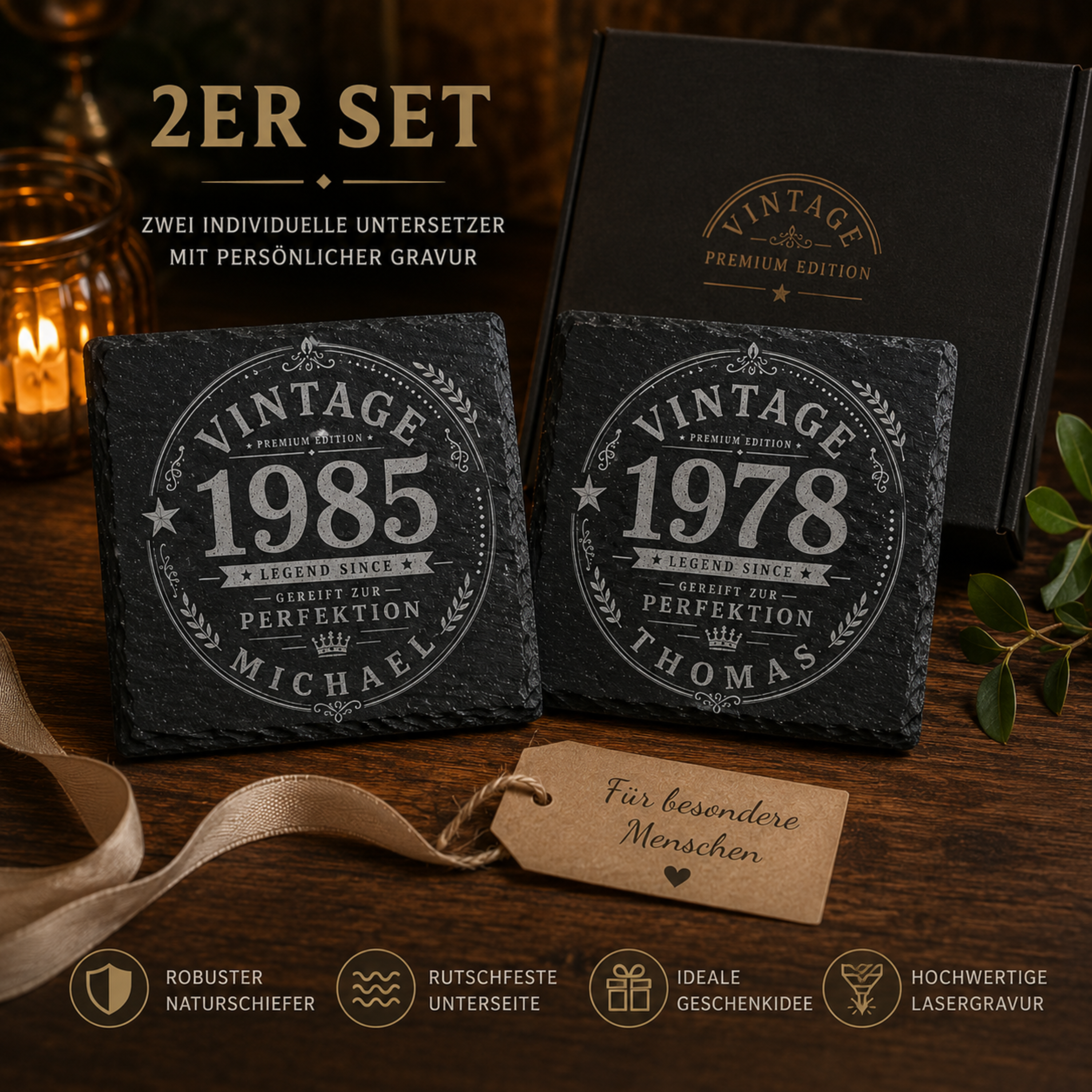 Personalisierte Schiefer Untersetzer mit Name und Jahr im Vintage Design als Männergeschenk