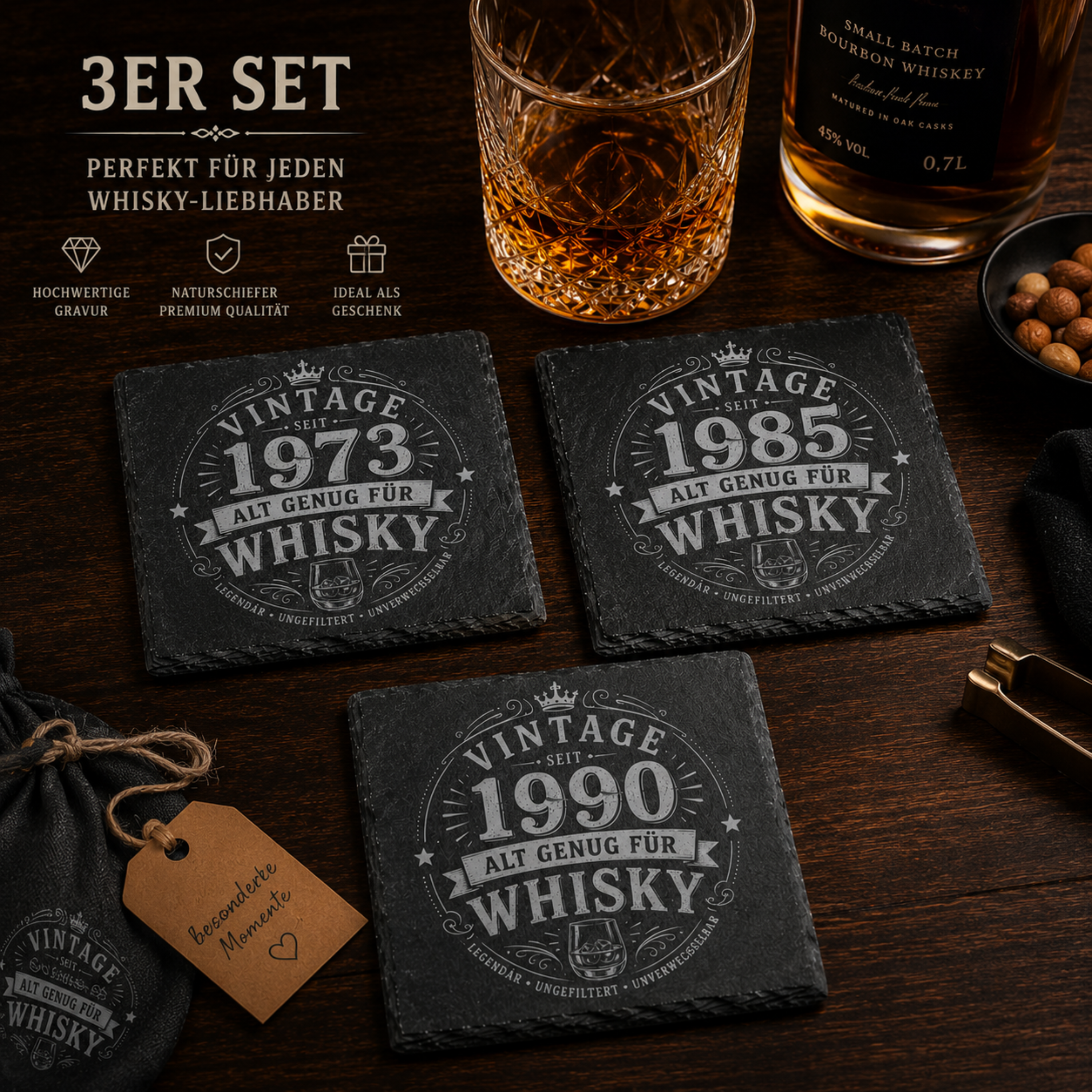 Personalisierte Whisky Untersetzer aus Schiefer mit verschiedenen Jahreszahlen im Vintage Design