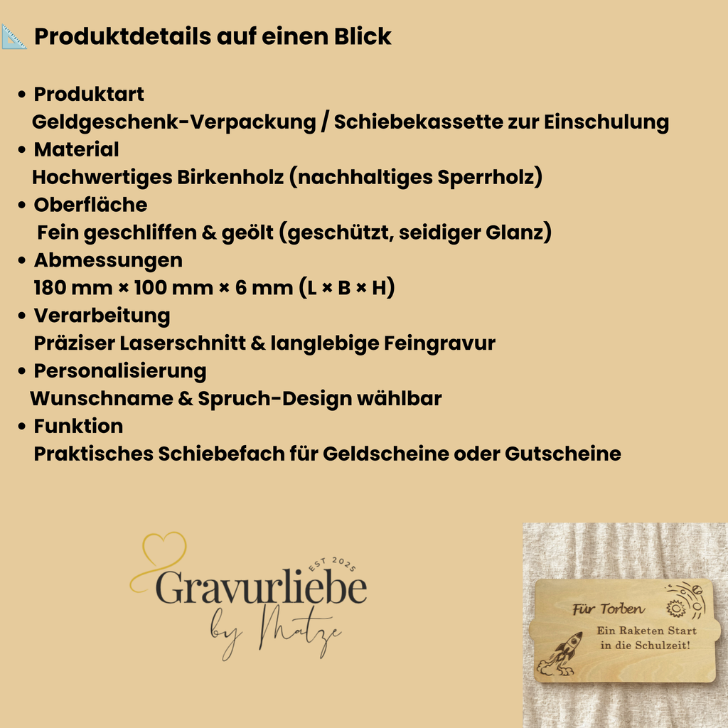 Infografik mit Maßen 180x100x6 mm und Details zum Geldgeschenk aus Birkenholz zur Einschulung von Gravurliebe by Matze