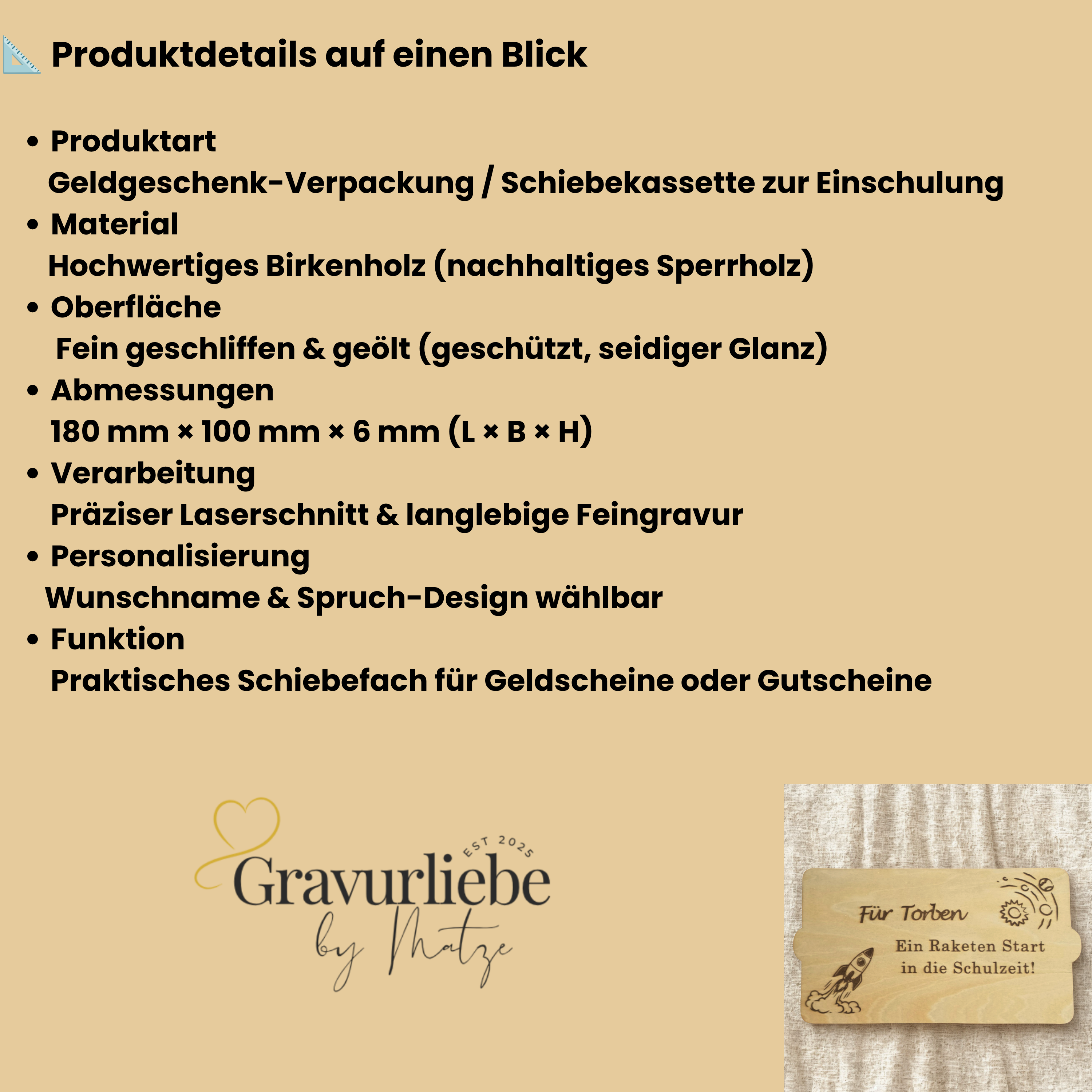 Infografik mit Maßen 180x100x6 mm und Details zum Geldgeschenk aus Birkenholz zur Einschulung von Gravurliebe by Matze