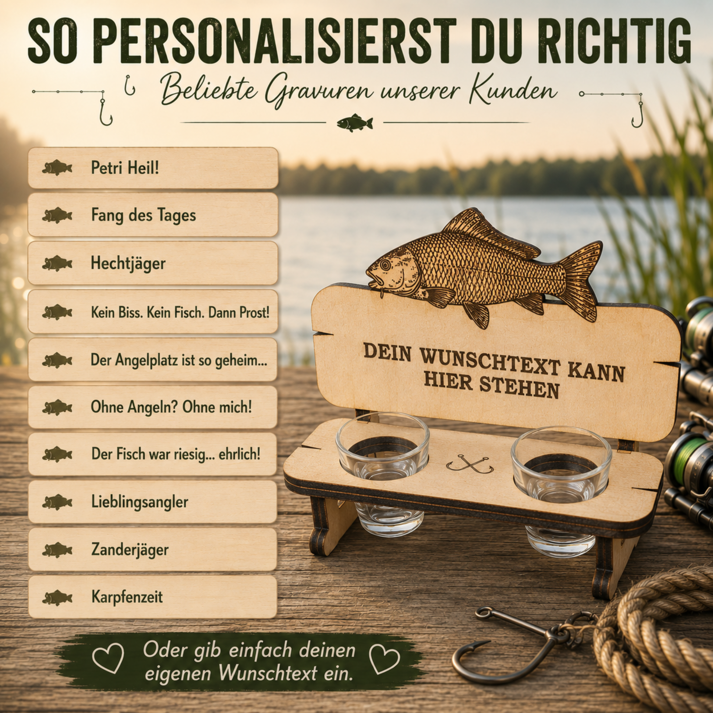 Personalisierte Karpfen-Schnapsbank aus Holz – Geschenk für Angler | 2er oder 3er Bank