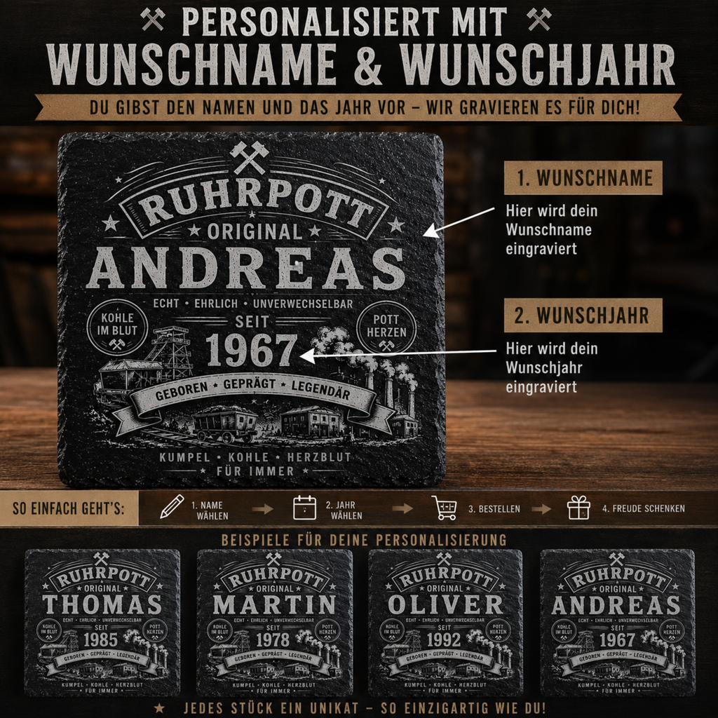 Personalisierter Ruhrpott Schieferuntersetzer mit Name & Jahr
