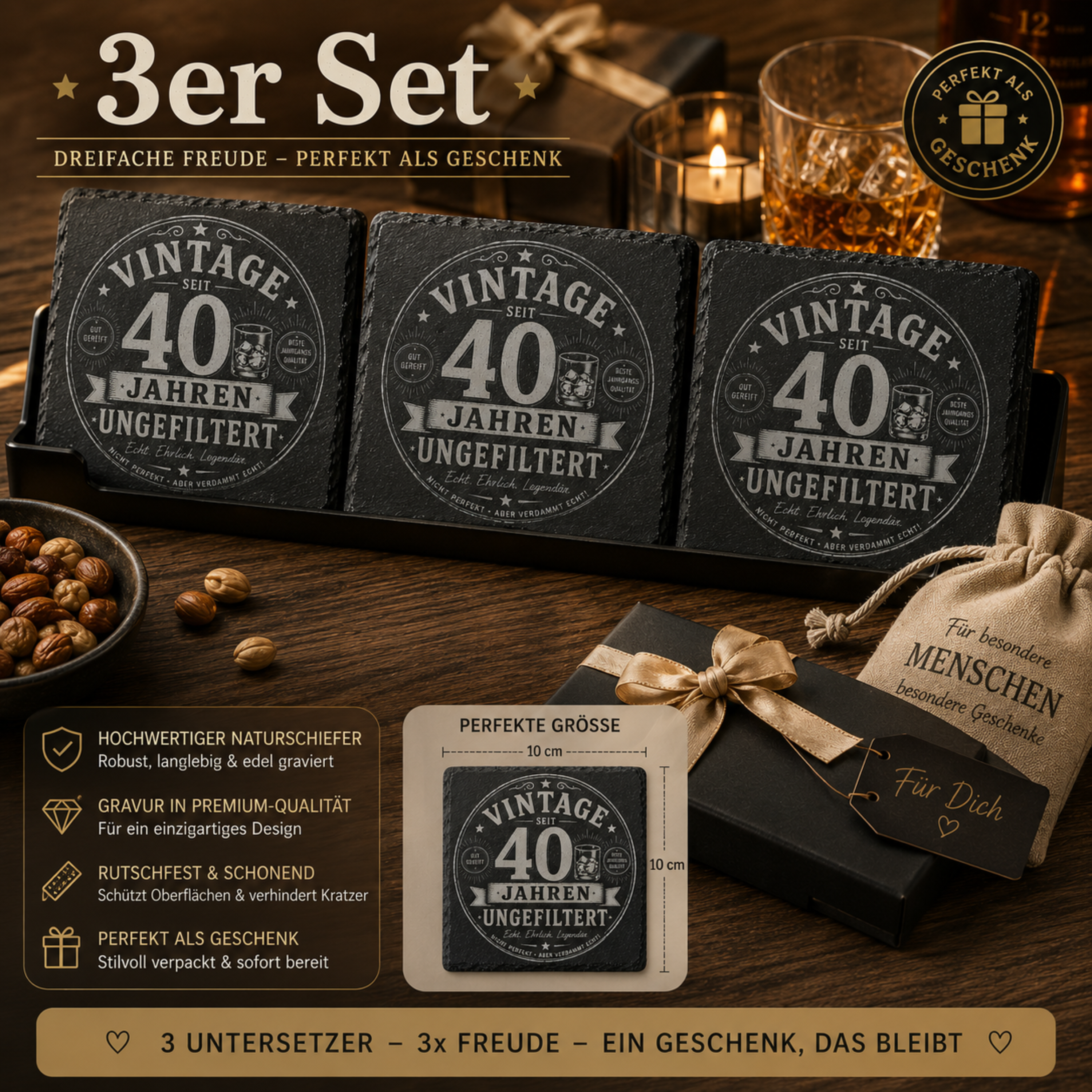 Vintage Schiefer Untersetzer personalisierbar mit Wunschalter als Geburtstagsgeschenk