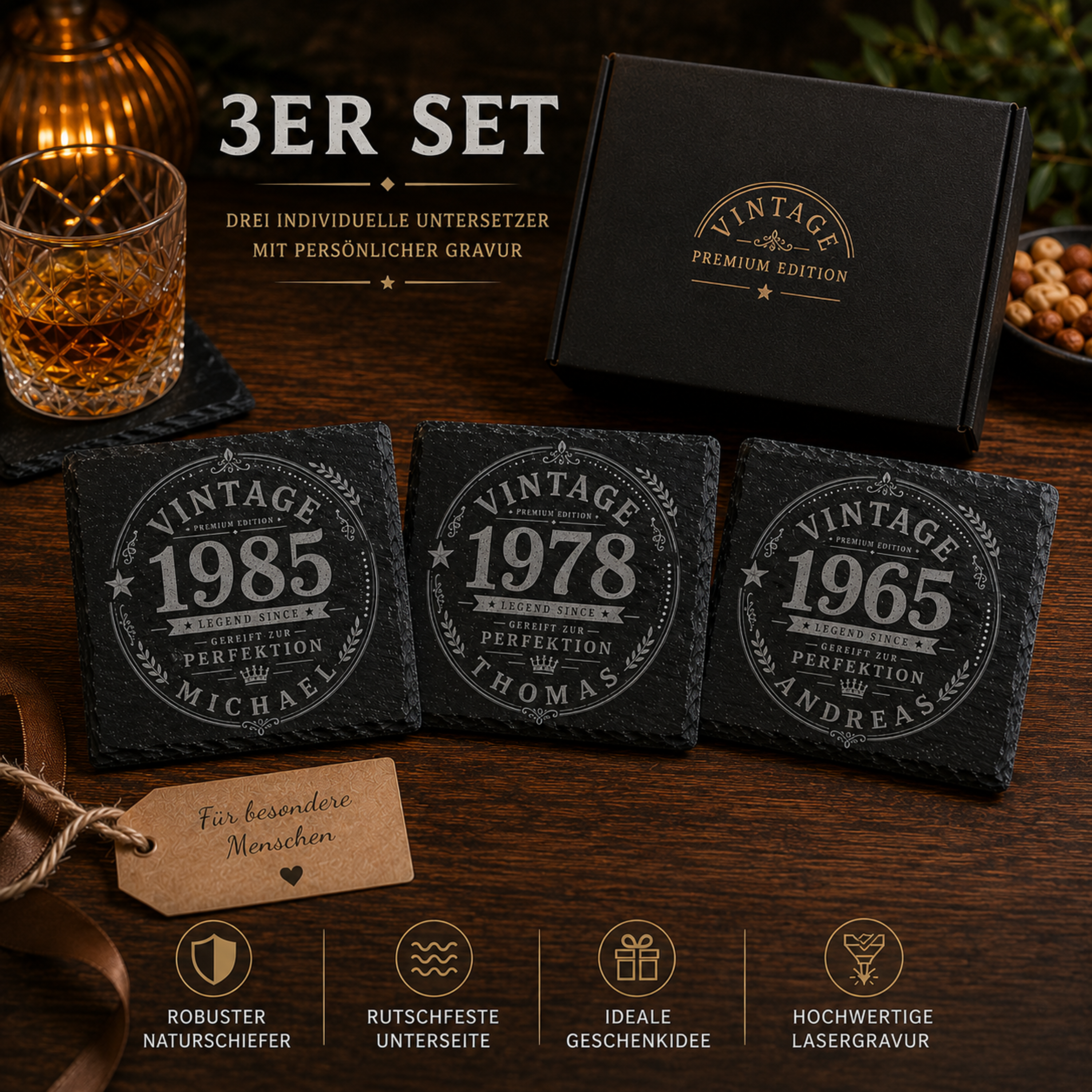 Personalisierte Schiefer Untersetzer mit Name und Jahr im Vintage Design als Männergeschenk