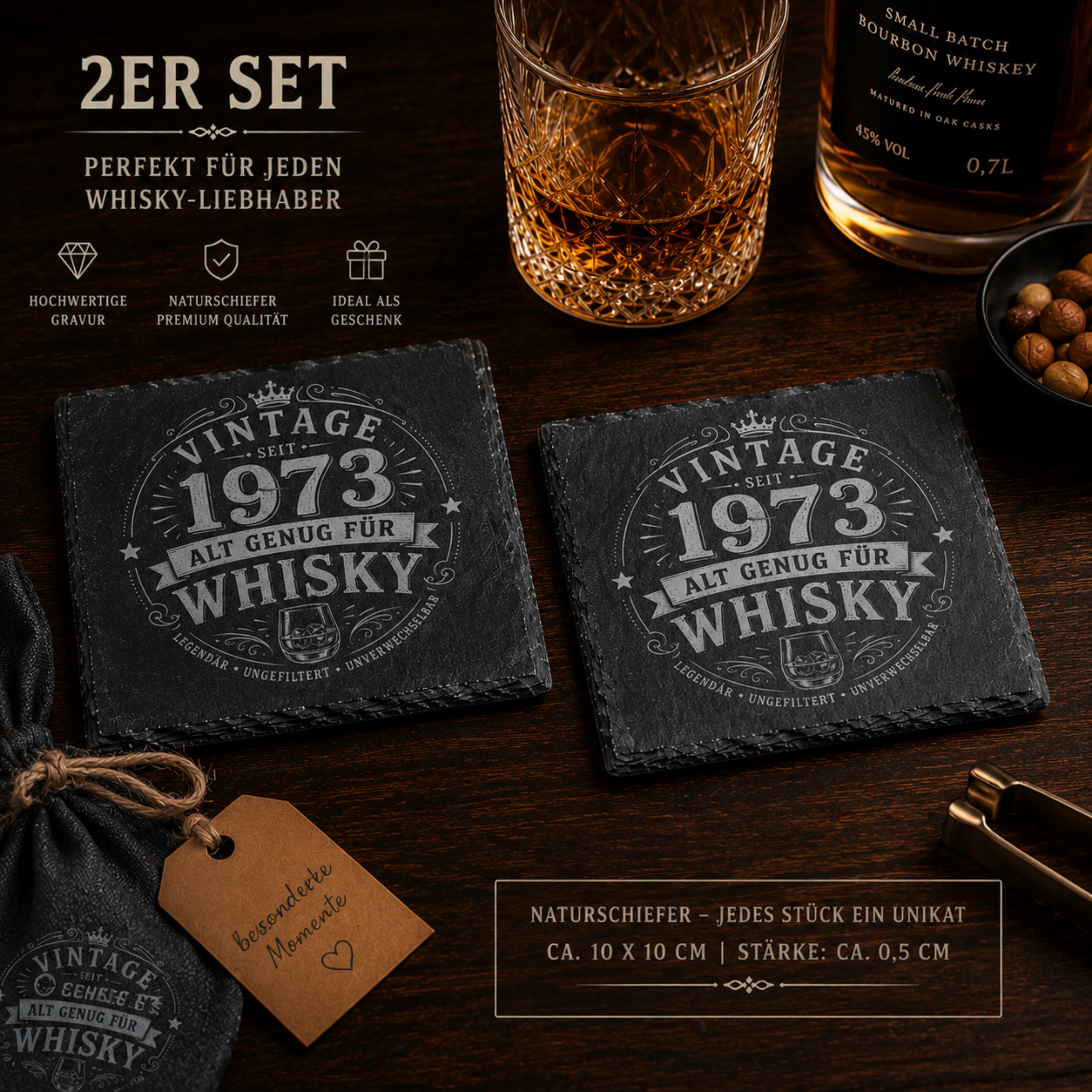 Personalisierte Whisky Untersetzer aus Schiefer mit verschiedenen Jahreszahlen im Vintage Design