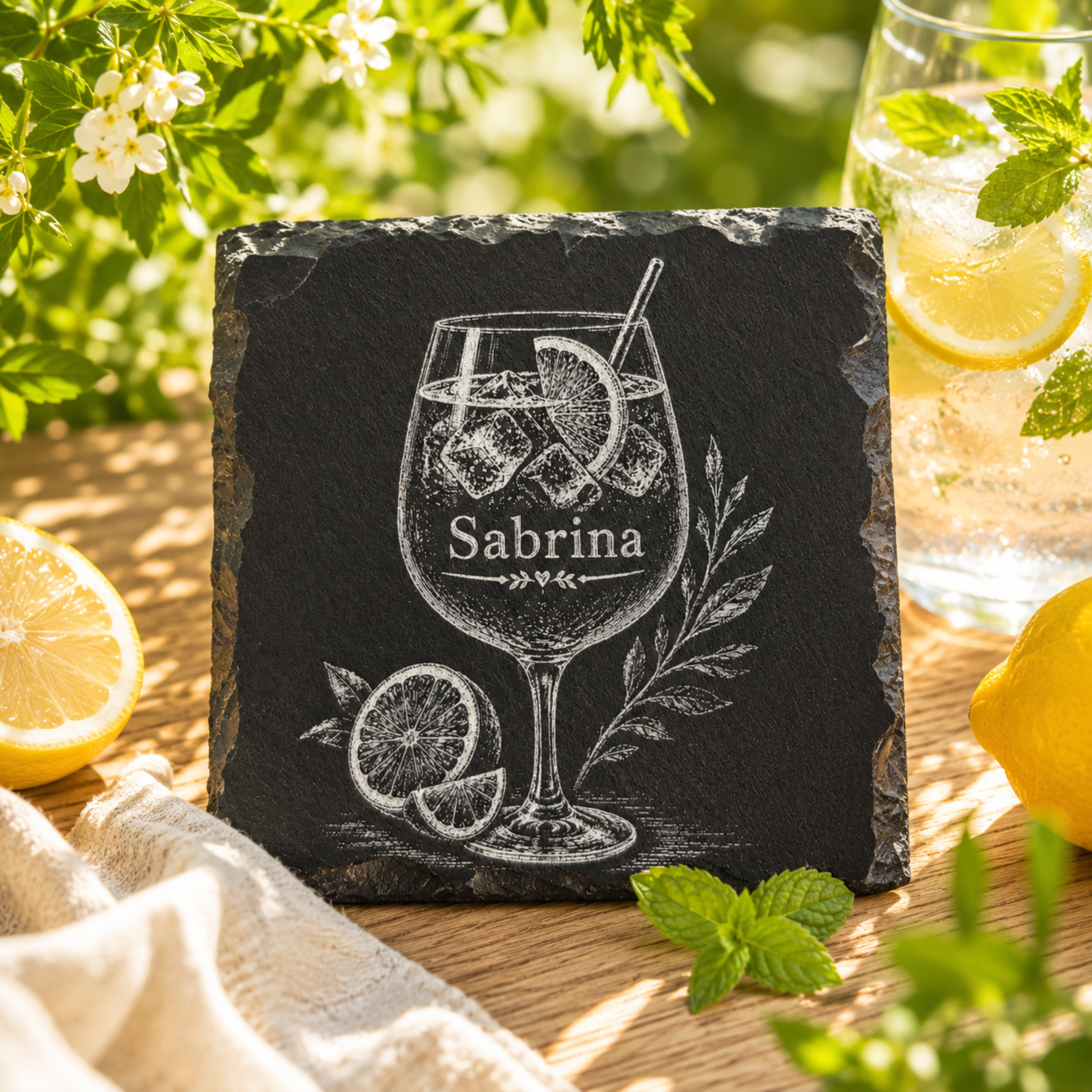 Personalisierte Schieferuntersetzer mit Cocktail Gravur – Untersetzer mit Wunschname – 2er 3er 4er Set - Gravurliebe