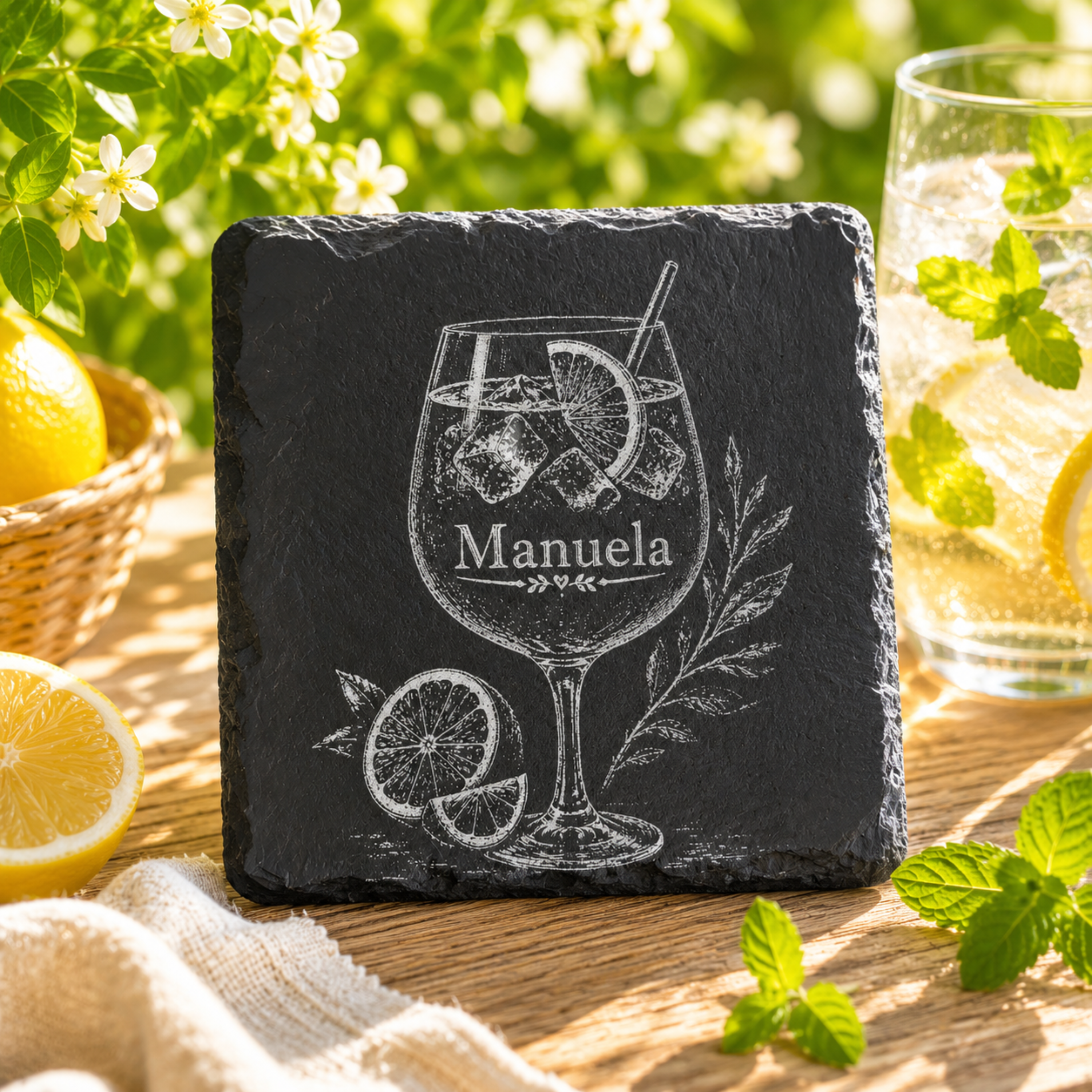 Personalisierte Schieferuntersetzer mit Cocktail Gravur – Untersetzer mit Wunschname – 2er 3er 4er Set - Gravurliebe