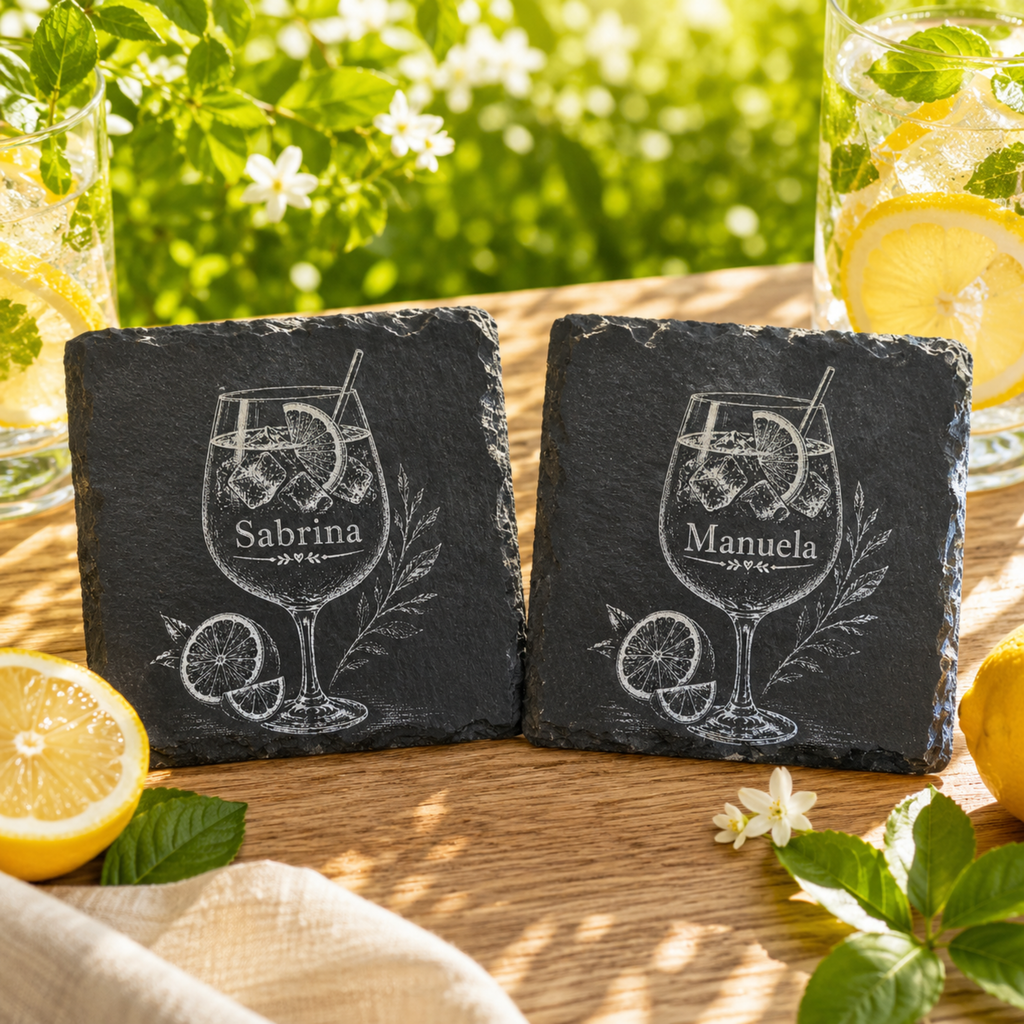 Personalisierte Schieferuntersetzer mit Cocktail Gravur – Untersetzer mit Wunschname – 2er 3er 4er Set - Gravurliebe