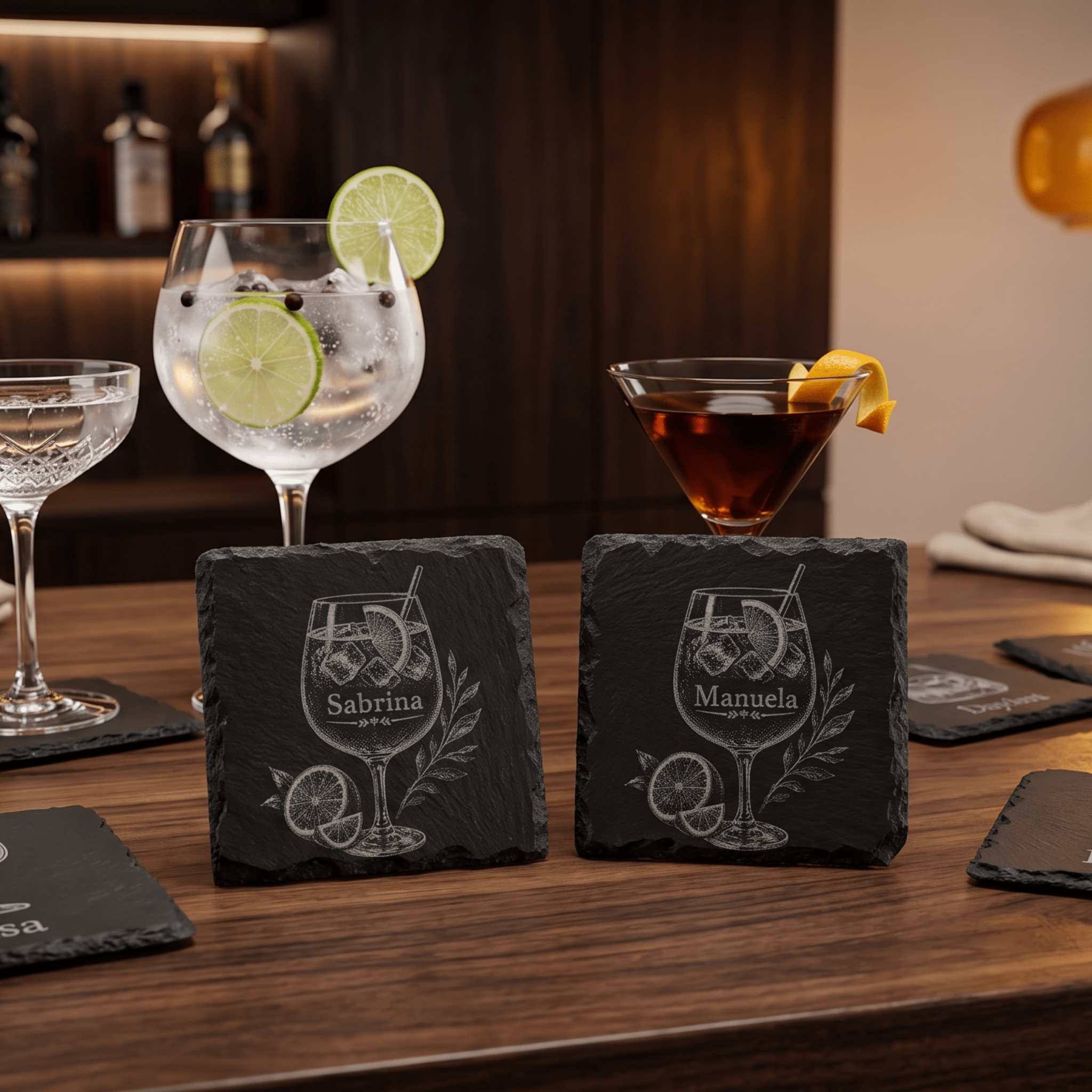 Personalisierte Schieferuntersetzer mit Cocktail Gravur – Untersetzer mit Wunschname – 2er 3er 4er Set - Gravurliebe