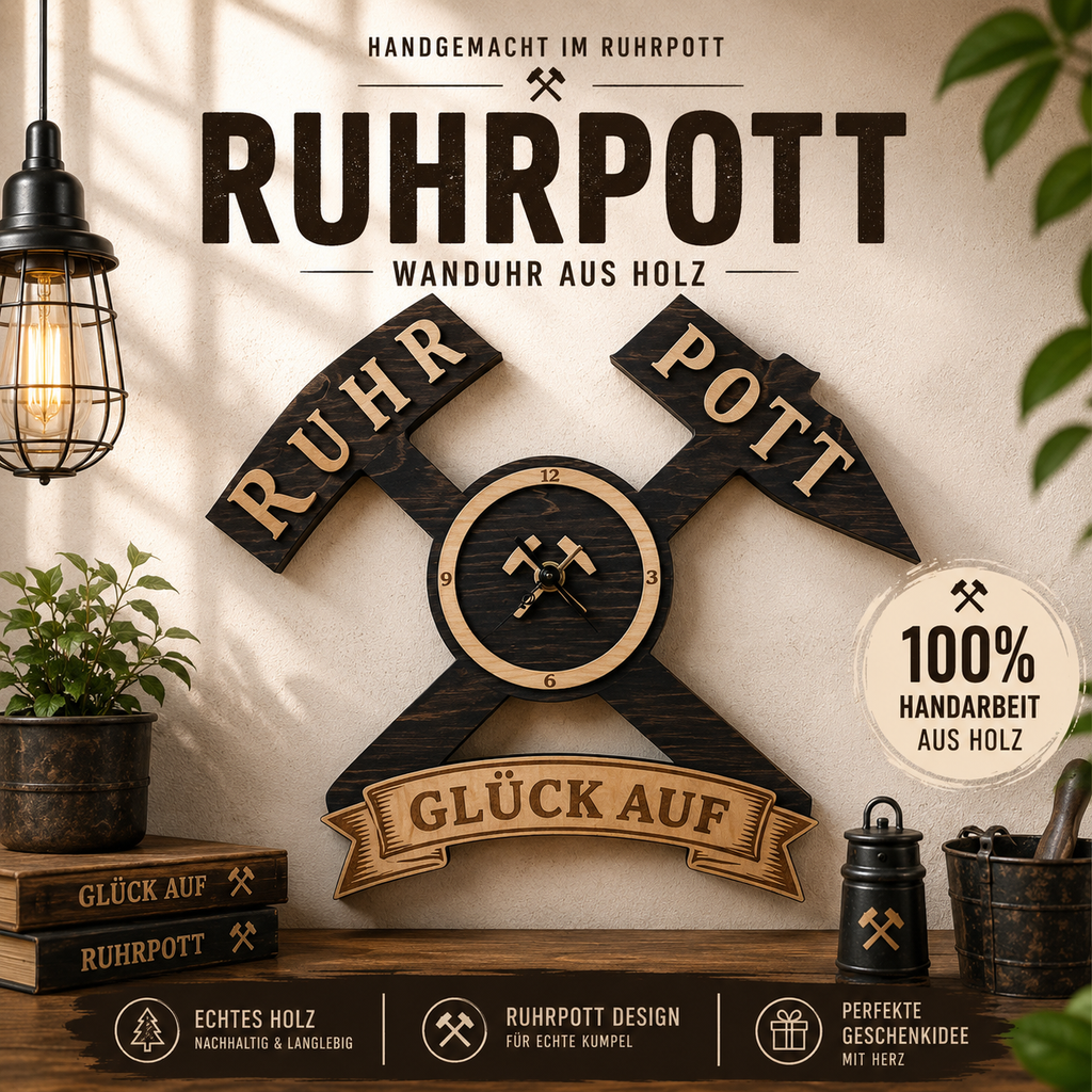 Ruhrpott Wanduhr aus Holz – Bergbau Design mit Schlägel & Eisen „Glück Auf“ - Gravurliebe