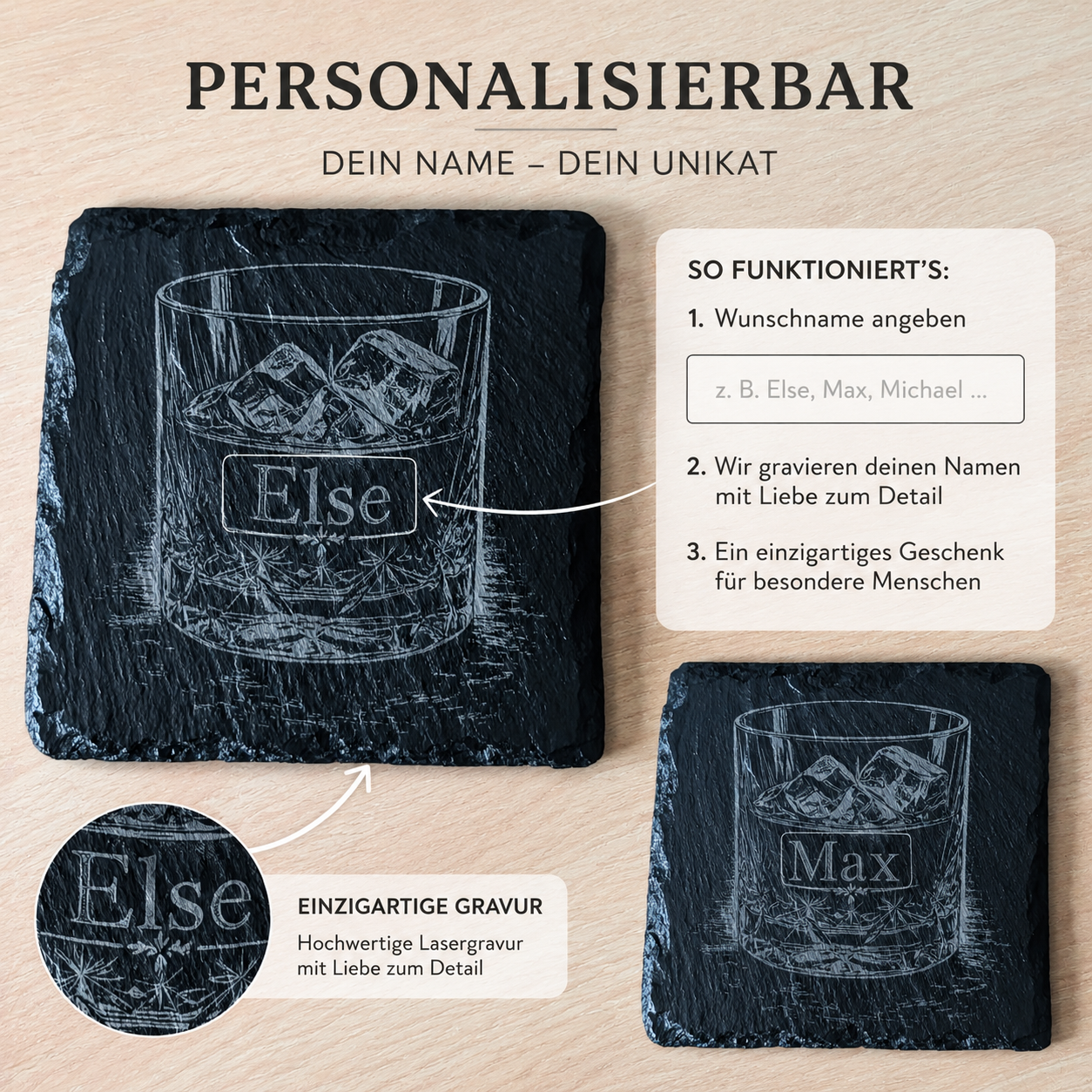 Personalisierter Schiefer Untersetzer Whisky – mit deinem Namen graviert - Gravurliebe