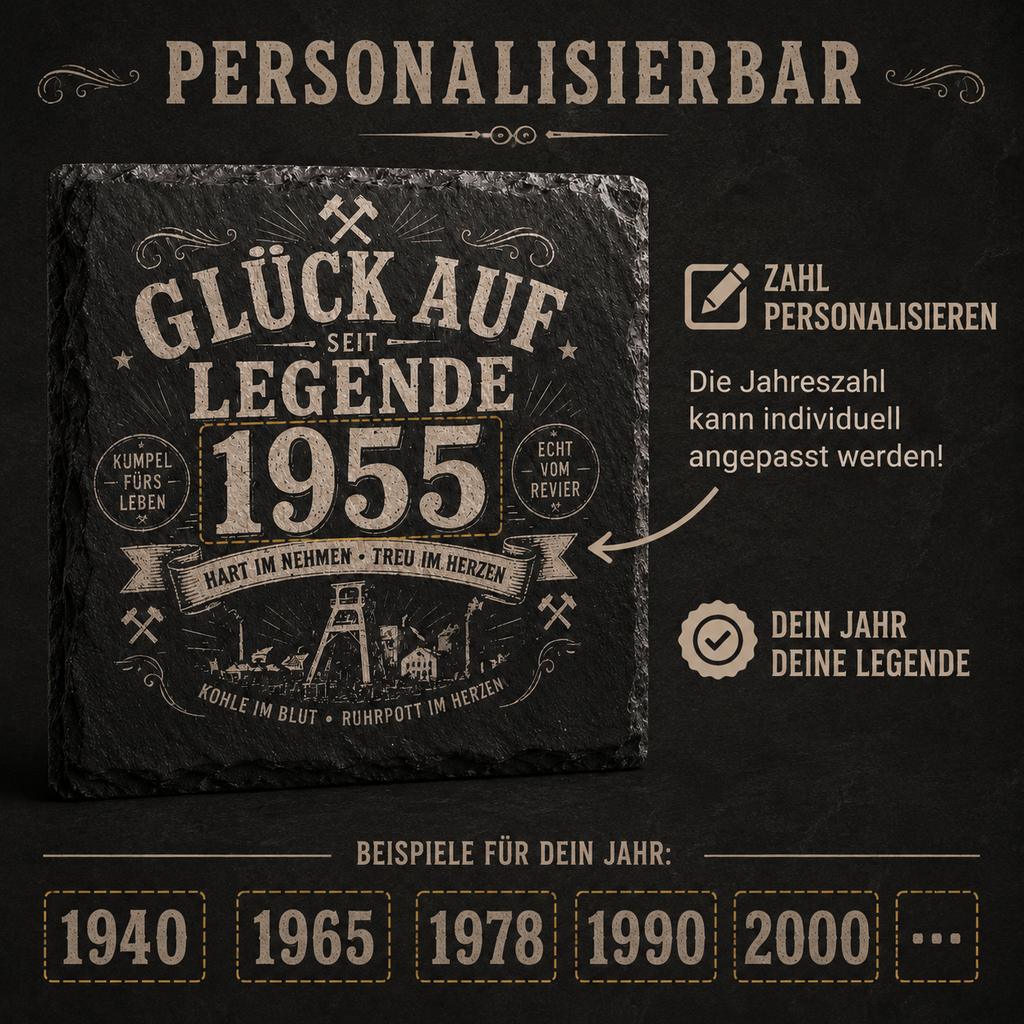 Glück Auf Legende Schieferuntersetzer mit Name & Jahr personalisiert