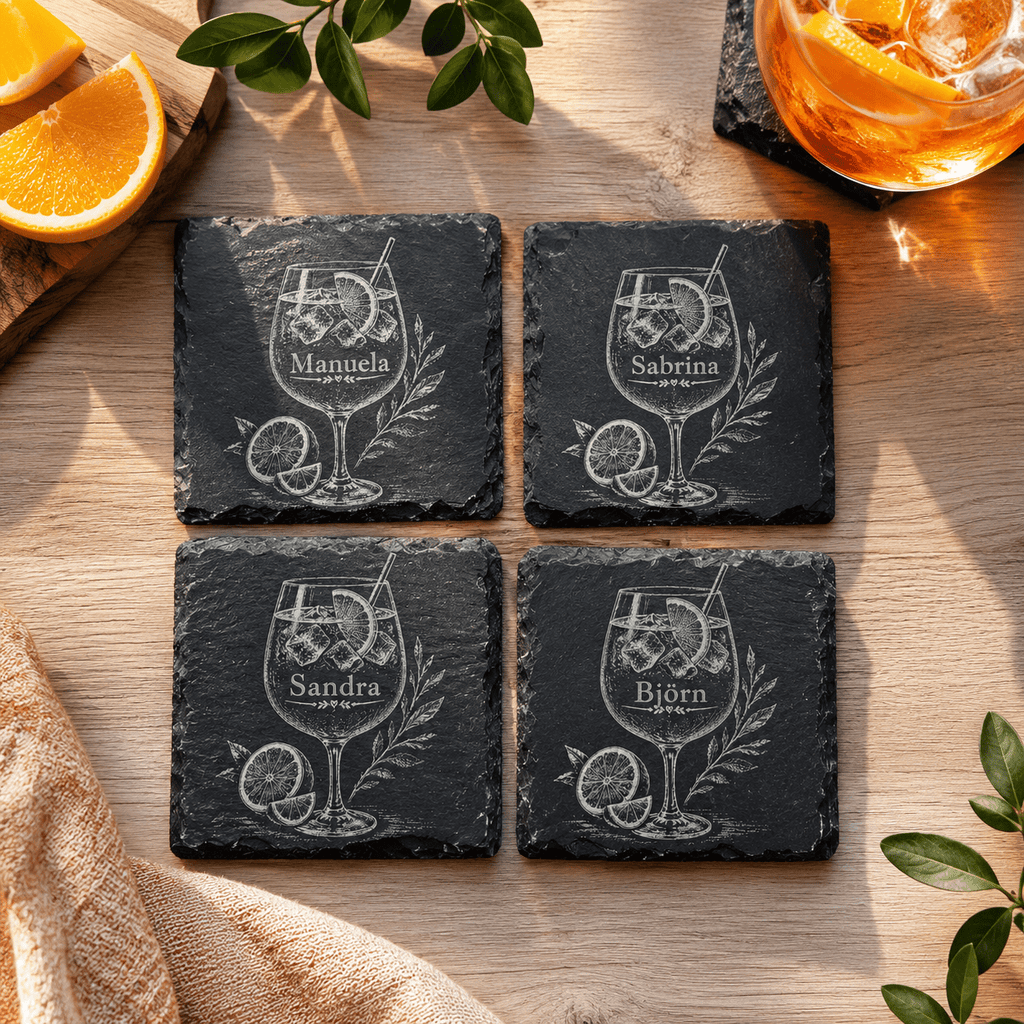 Personalisierte Schieferuntersetzer mit Cocktail Gravur – Untersetzer mit Wunschname – 2er 3er 4er Set - Gravurliebe