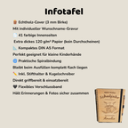 Infografik zum Einschulungsbuch mit Produktdetails: DIN A5 Format, 120 g/m² Papier, 41 Ausfüllseiten, Spiralbindung und Stifthalterung.