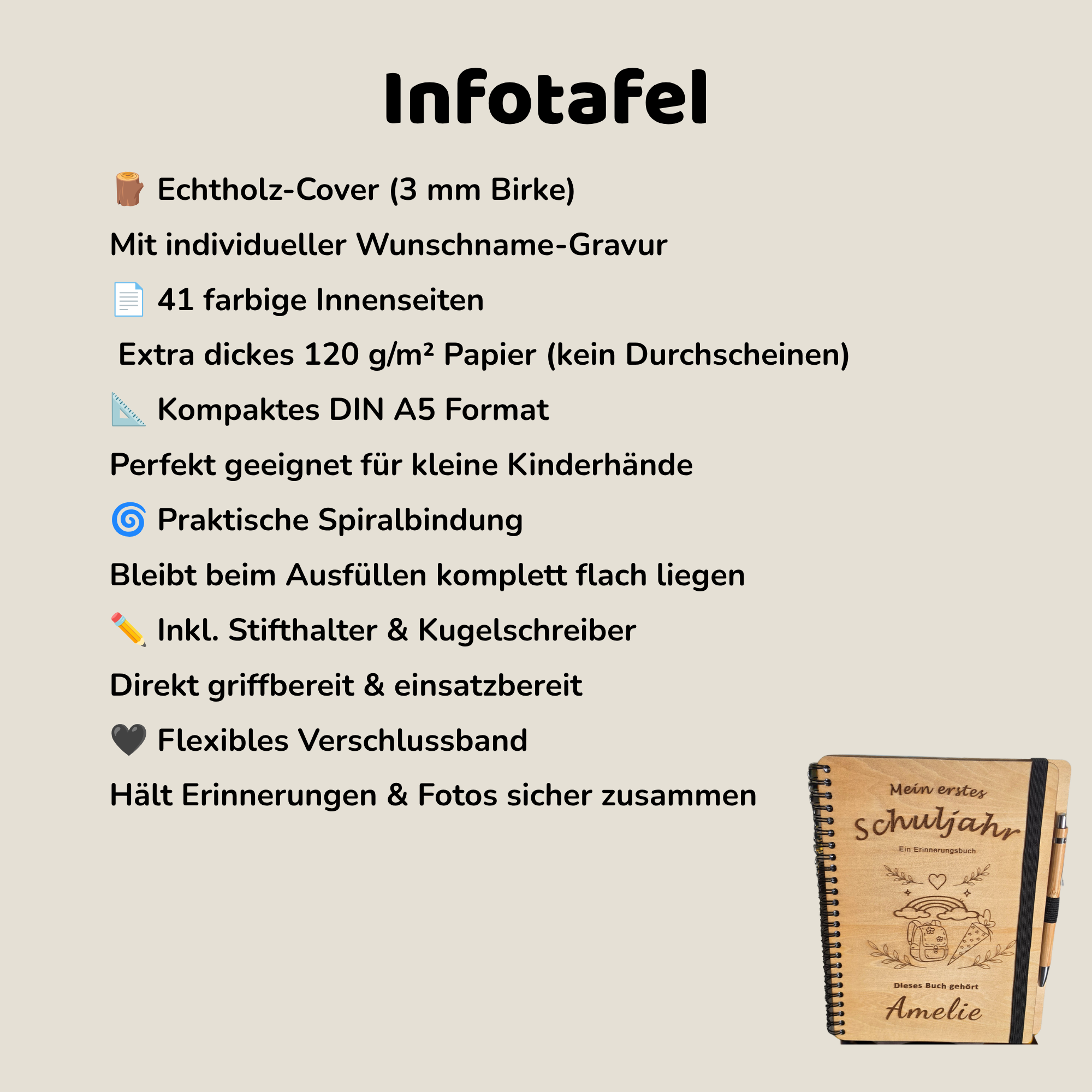 Infografik zum Einschulungsbuch mit Produktdetails: DIN A5 Format, 120 g/m² Papier, 41 Ausfüllseiten, Spiralbindung und Stifthalterung.