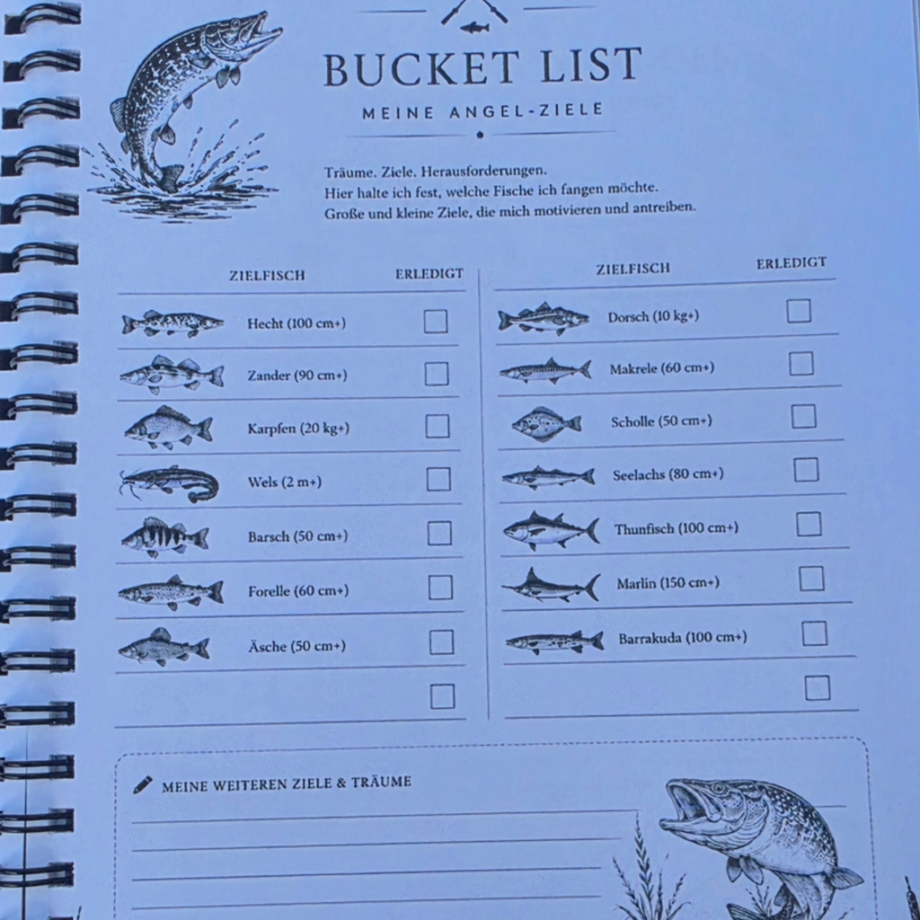 Ausgefüllte Innenseite des Angeljournals mit der Überschrift „Bucket List – Meine Angel-Ziele“ und Checklisten für verschiedene Zielfischarten wie Hecht, Zander, Karpfen und Dorsch.