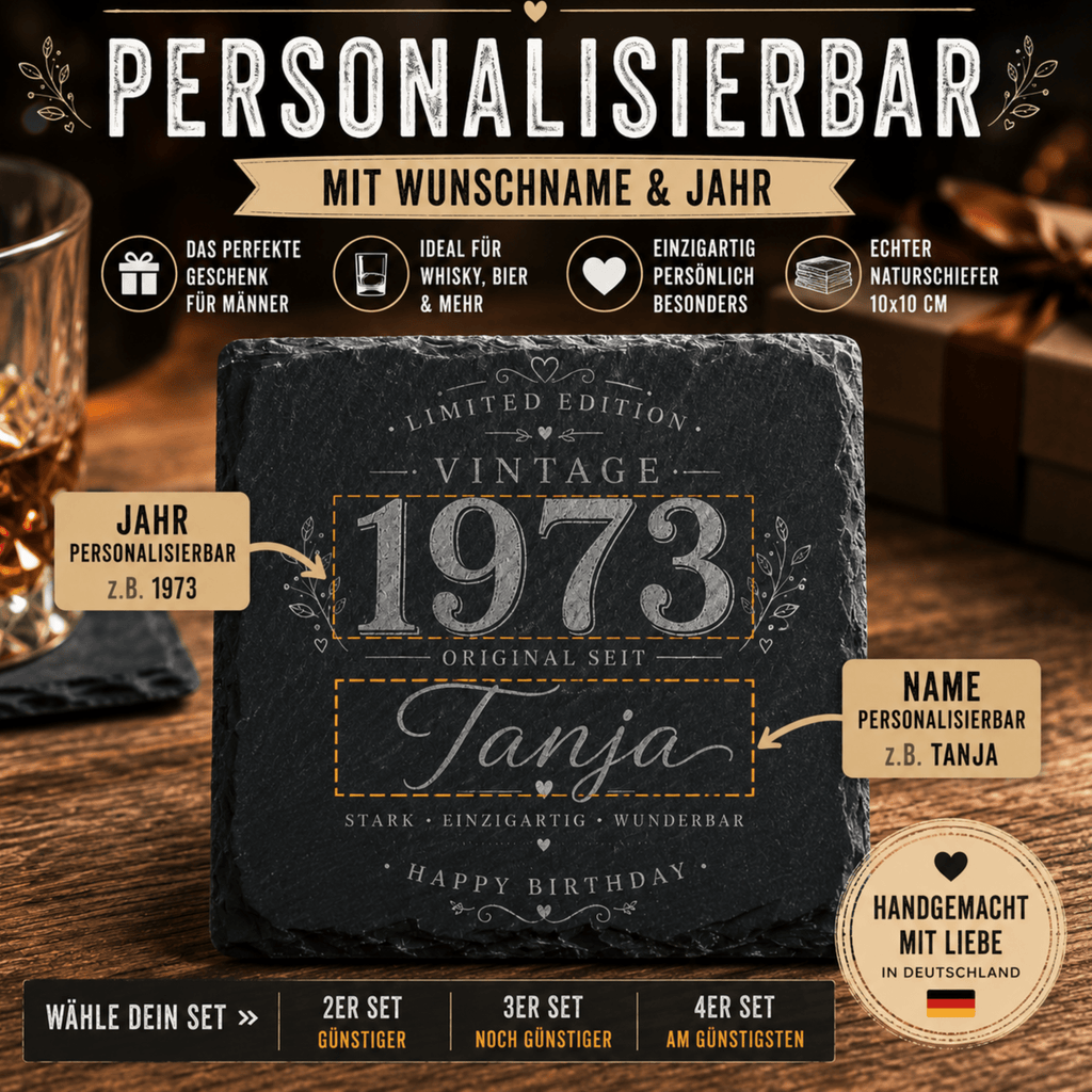 Personalisierte Schieferuntersetzer für Frauen mit Name & Jahr – Elegantes Geschenk im Vintage Design - Gravurliebe