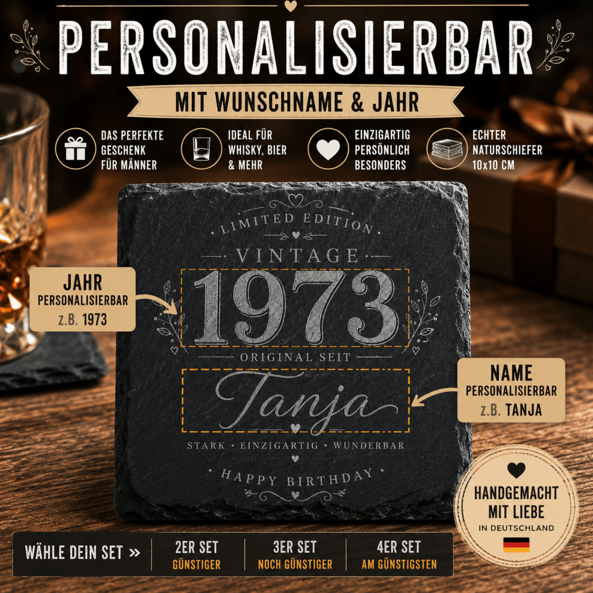 Personalisierte Schieferuntersetzer für Frauen mit Name & Jahr – Elegantes Geschenk im Vintage Design - Gravurliebe