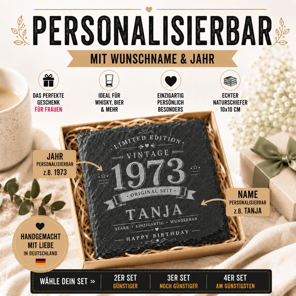 Personalisierte Schieferuntersetzer für Frauen mit Name & Jahr – Elegantes Geschenk im Vintage Design - Gravurliebe