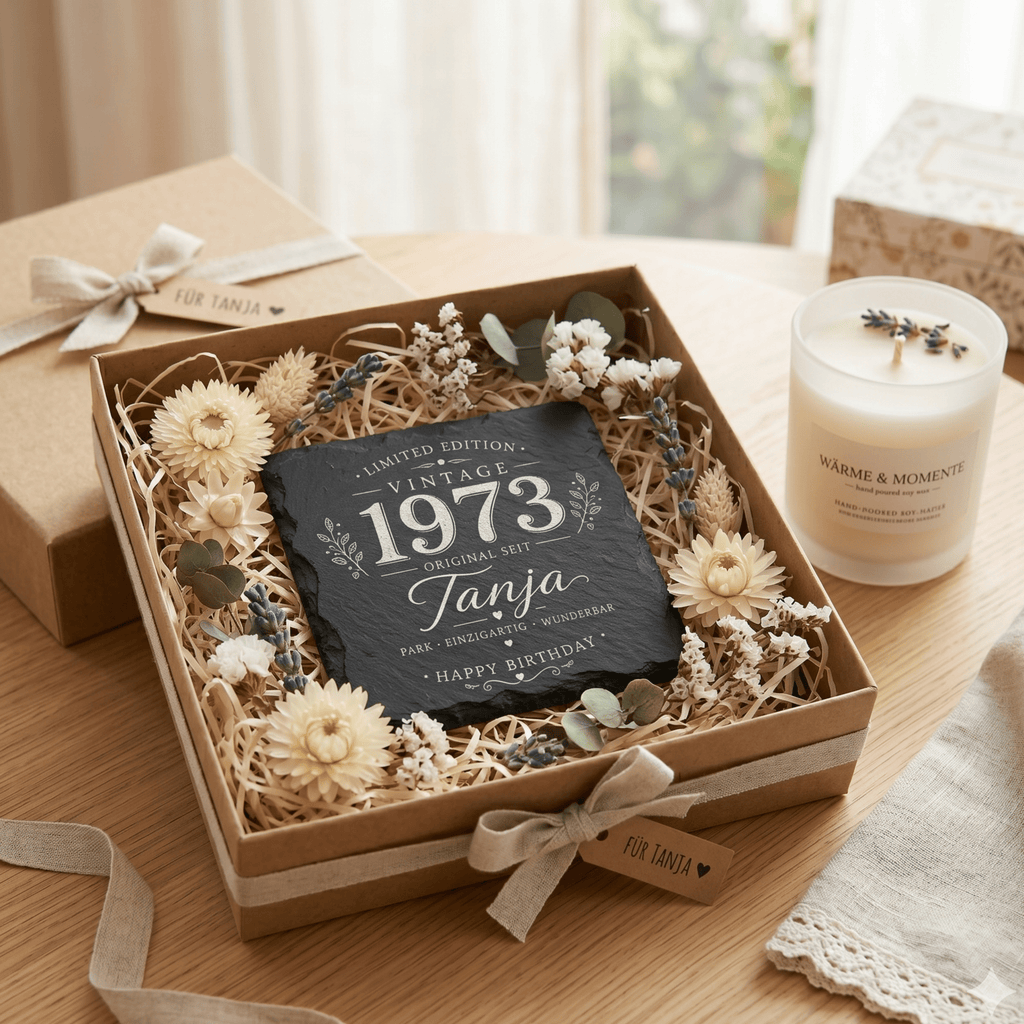 Personalisierte Schieferuntersetzer für Frauen mit Name & Jahr – Elegantes Geschenk im Vintage Design - Gravurliebe