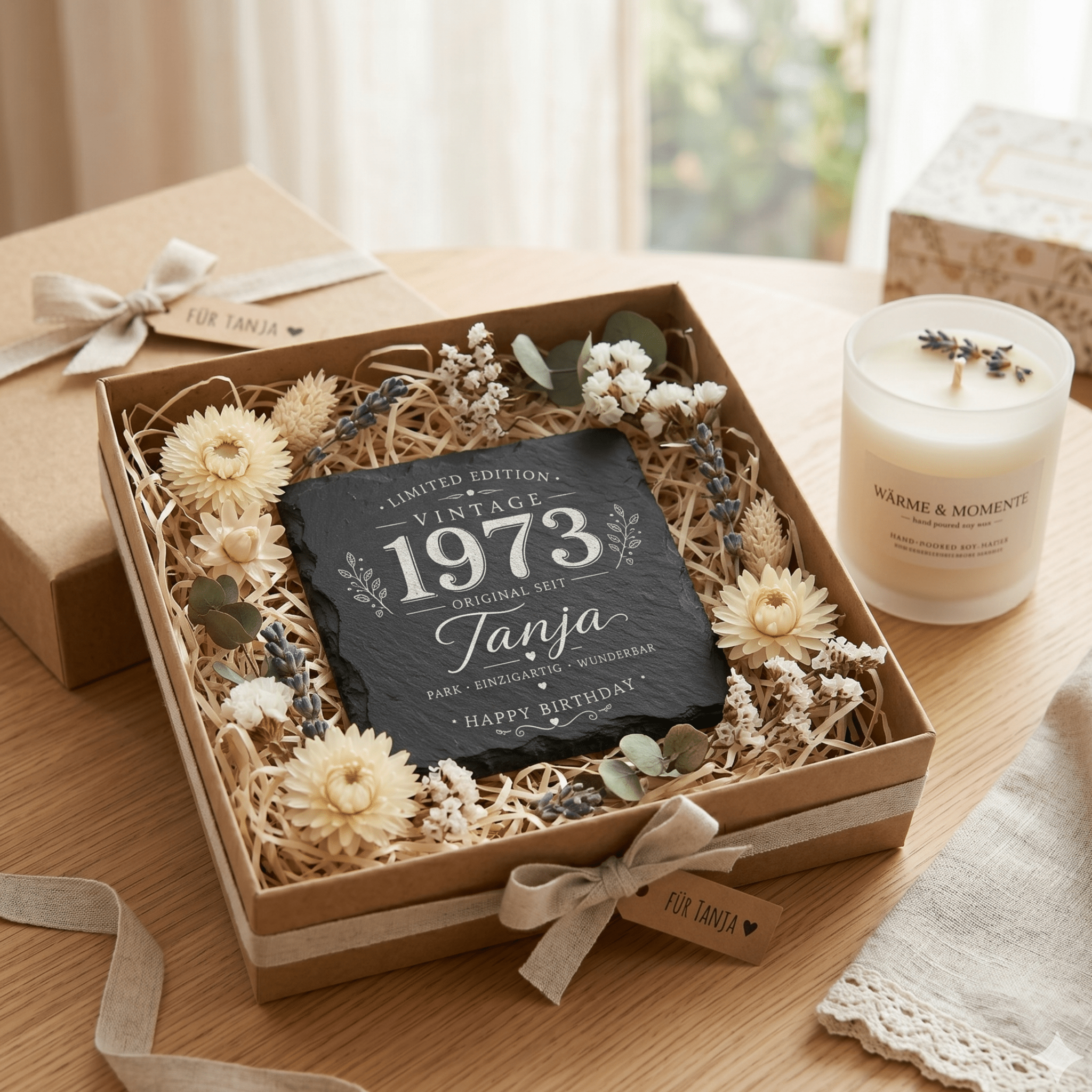 Personalisierte Schieferuntersetzer für Frauen mit Name & Jahr – Elegantes Geschenk im Vintage Design - Gravurliebe