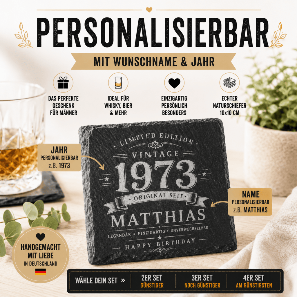 Personalisierte Schieferuntersetzer mit Name & Jahrgang – Vintage Geschenk für Männer als 2er, 3er oder 4er Set - Gravurliebe