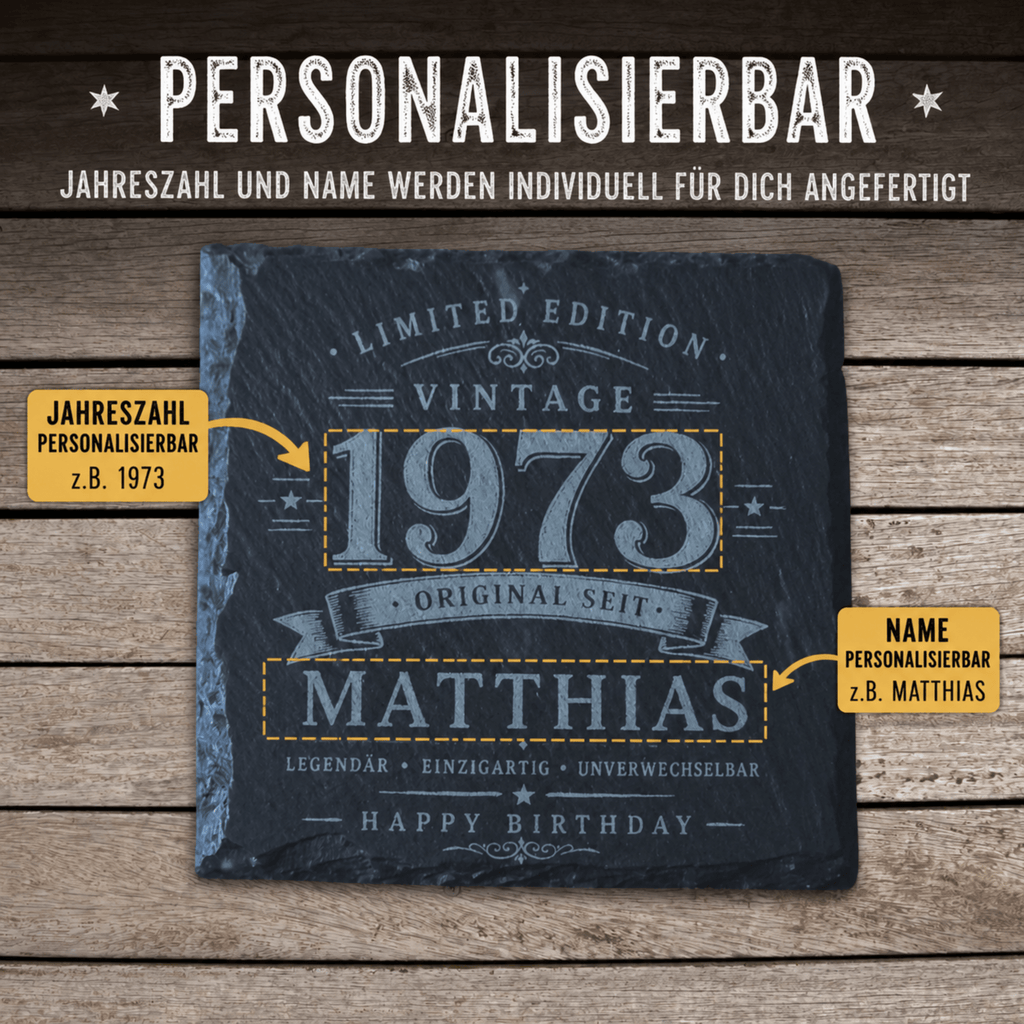 Personalisierte Schieferuntersetzer mit Name & Jahrgang – Vintage Geschenk für Männer als 2er, 3er oder 4er Set - Gravurliebe