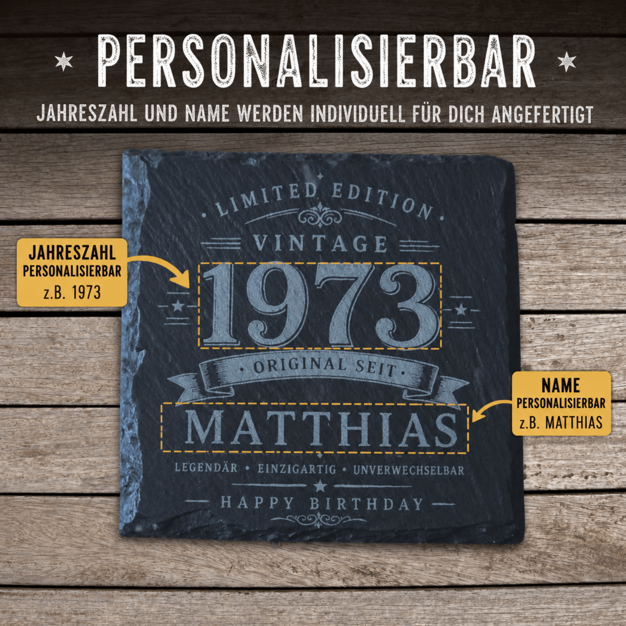 Personalisierte Schieferuntersetzer mit Name & Jahrgang – Vintage Geschenk für Männer als 2er, 3er oder 4er Set - Gravurliebe