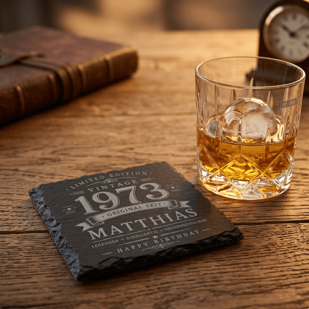 Personalisierte Schieferuntersetzer mit Name & Jahrgang – Vintage Geschenk für Männer als 2er, 3er oder 4er Set - Gravurliebe
