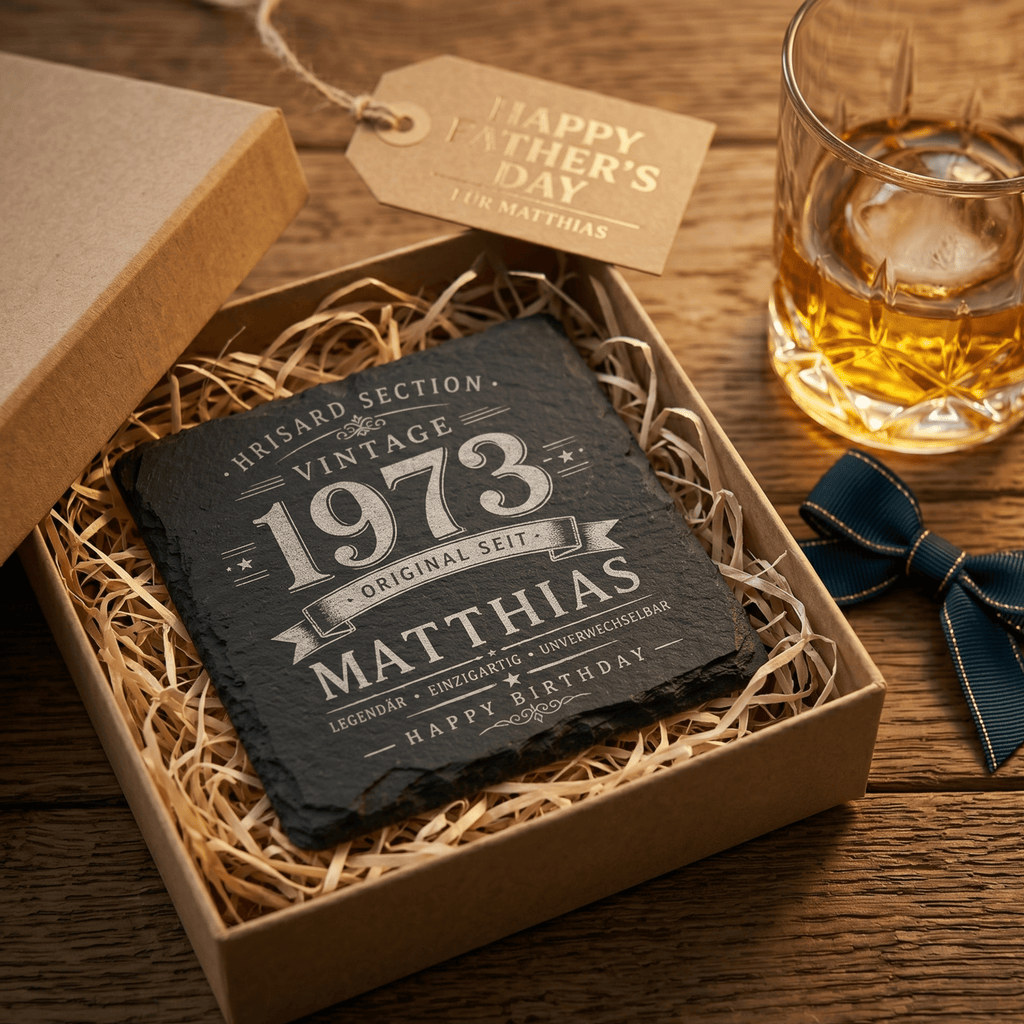 Personalisierte Schieferuntersetzer mit Name & Jahrgang – Vintage Geschenk für Männer als 2er, 3er oder 4er Set - Gravurliebe