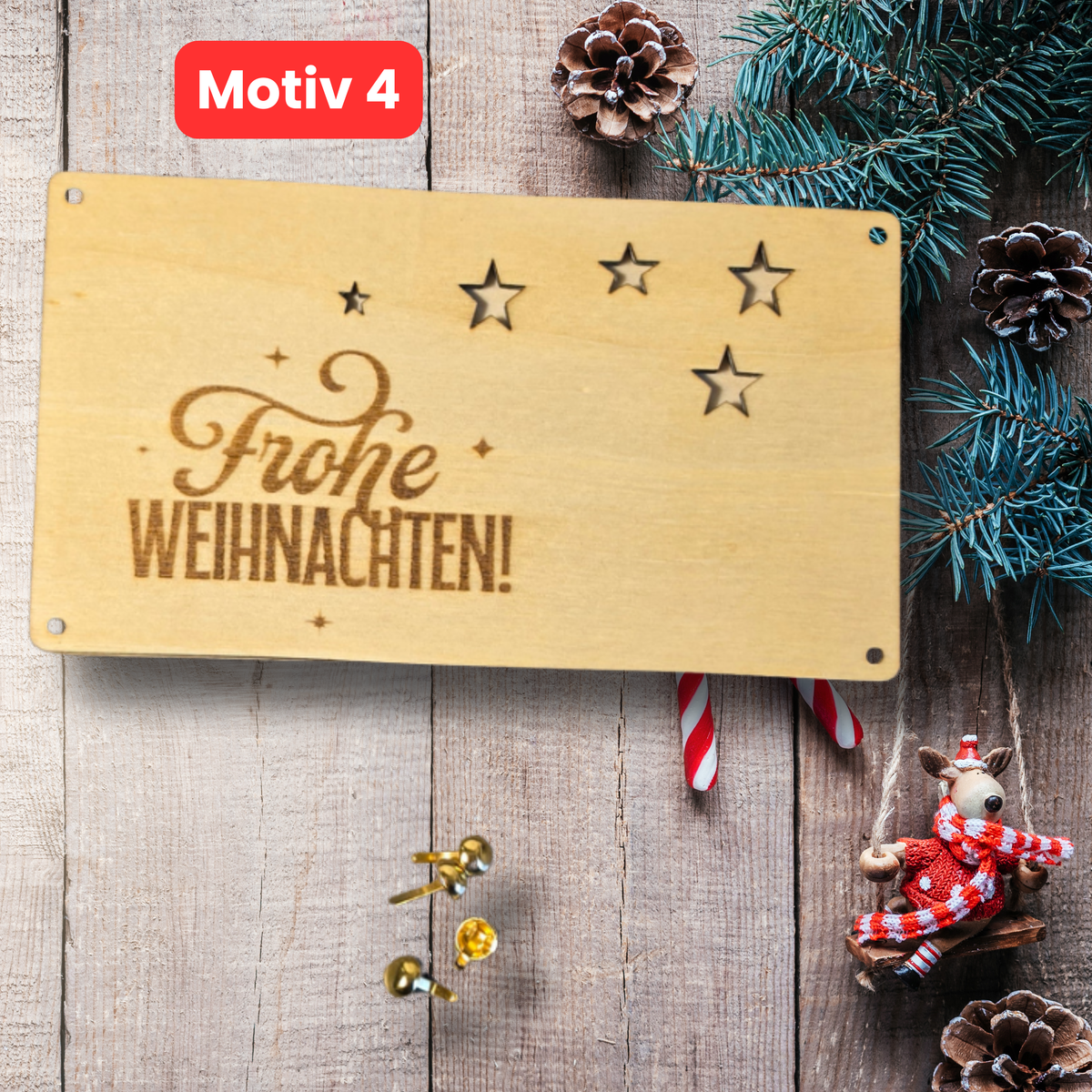 Geldgeschenk aus Holz zu Weihnachten mit Gravur Frohe Weihnachten und ausgestanzten Sternen