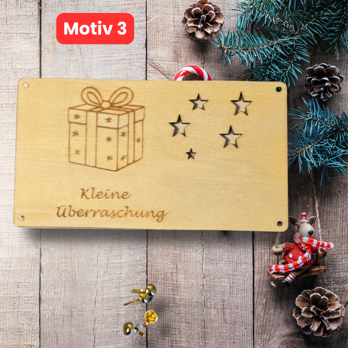 Weihnachtliche Geldgeschenkkarte aus Holz mit Geschenkpaket und Gravur Kleine Überraschung