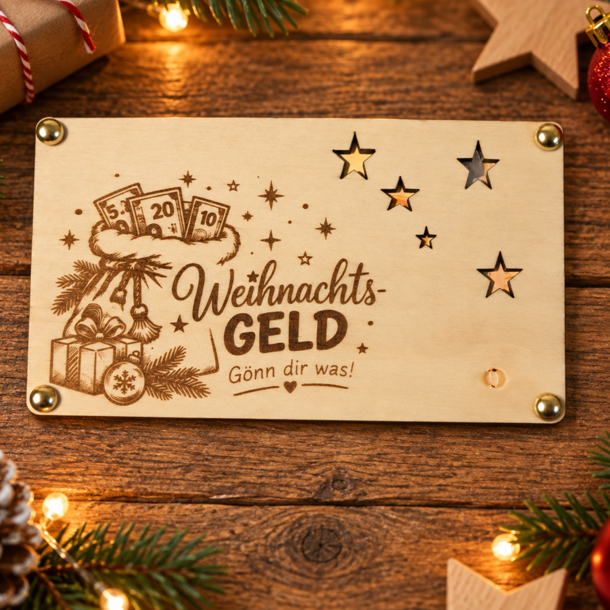 Weihnachtsgeld Geschenk aus Holz mit eingelegtem 50 Euro Geldschein zwischen zwei Holzplatten