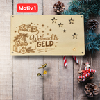 Geldgeschenk zu Weihnachten aus Holz mit Gravur Weihnachtsgeld Gönn dir was und ausgestanzten Sternen