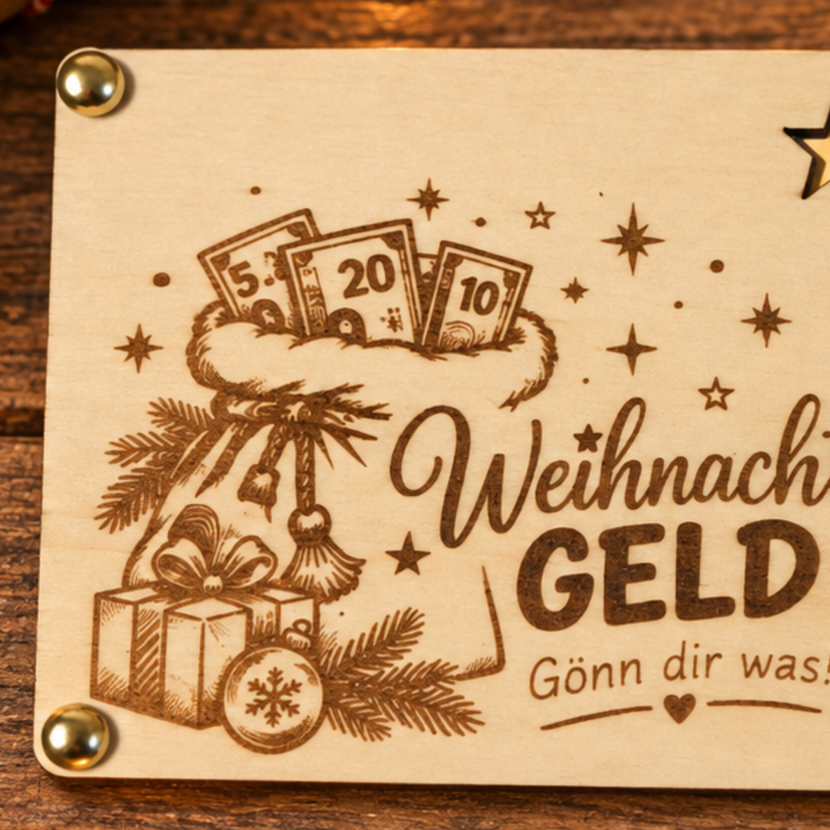 Detailaufnahme der gravierten Weihnachtsgeld Karte aus Birkensperrholz mit Geldsack und Weihnachtsmotiven