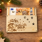 Weihnachtsgeld Geschenk aus Holz mit eingelegtem 50 Euro Geldschein zwischen zwei Holzplatten
