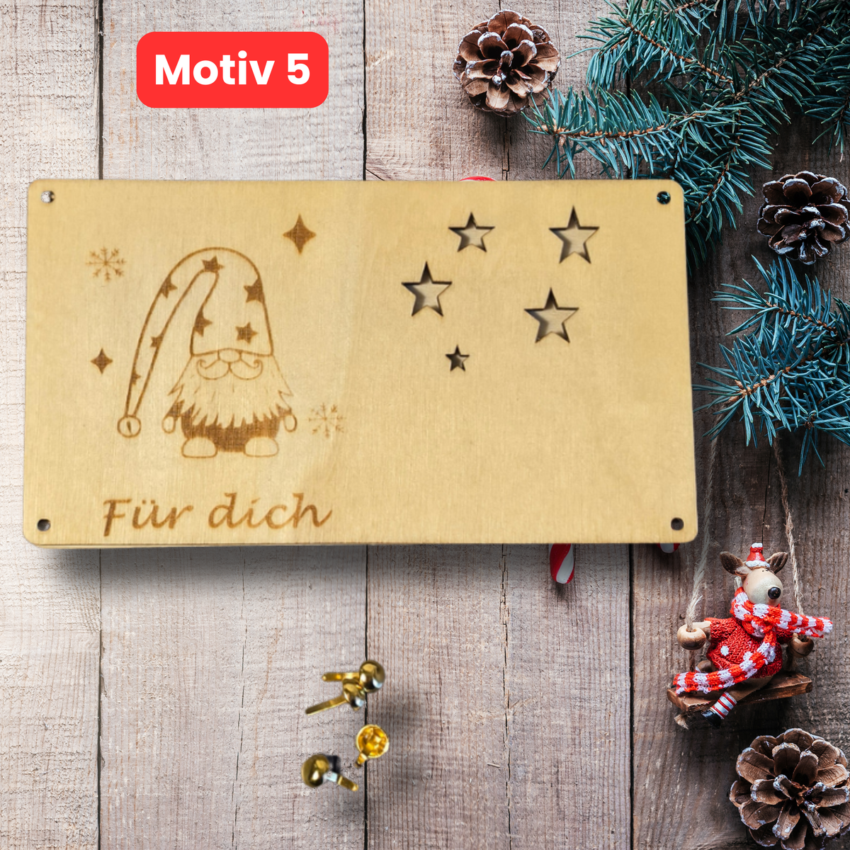 Weihnachtliche Geldgeschenkkarte aus Holz mit Wichtel und Gravur Für dich