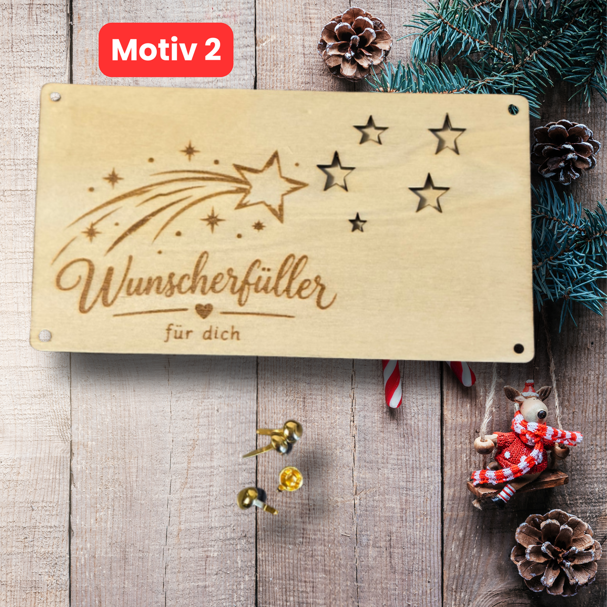 Wunscherfüller Geldgeschenkkarte aus Holz zu Weihnachten mit Sternschnuppe und ausgestanzten Sternen