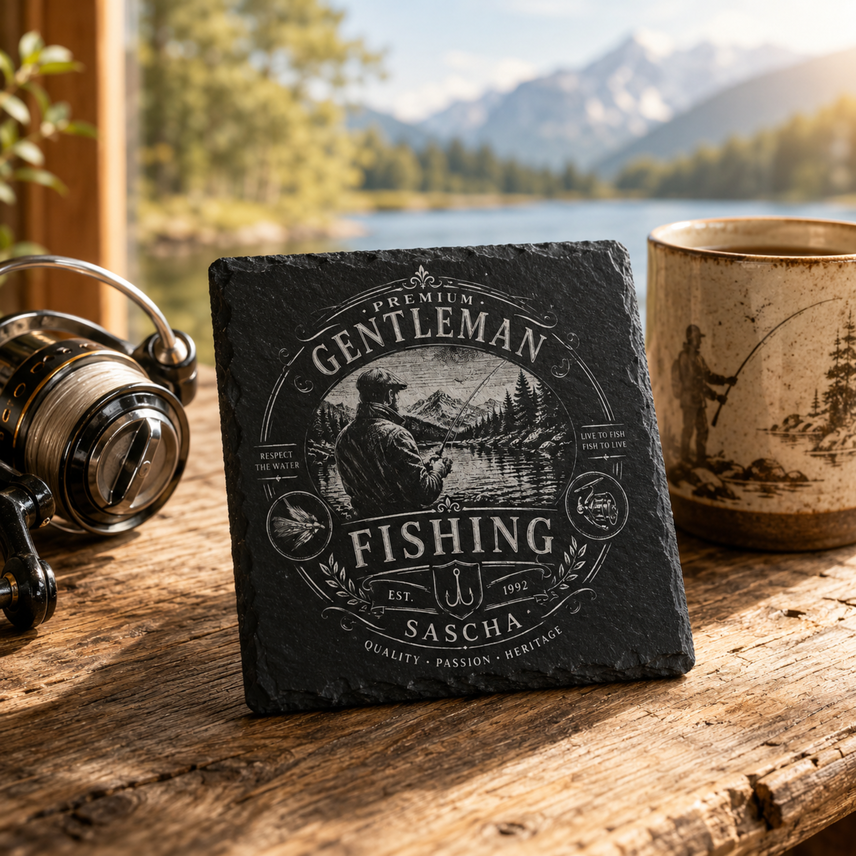 Geschenk für Angler mit personalisiertem Vintage Schieferuntersetzer und Anglermotiv