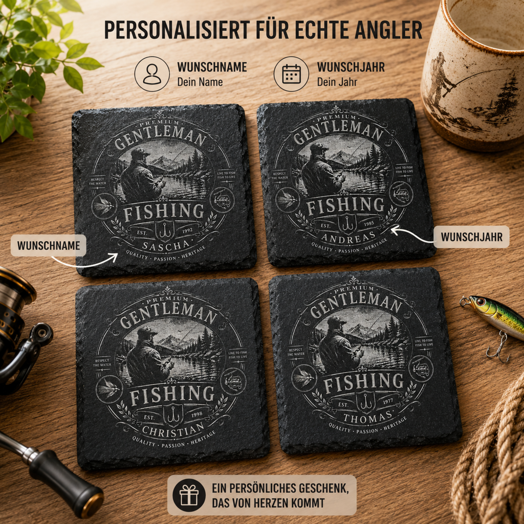 Geschenk für Angler mit personalisiertem Vintage Schieferuntersetzer und Anglermotiv