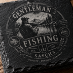 Geschenk für Angler mit personalisiertem Vintage Schieferuntersetzer und Anglermotiv