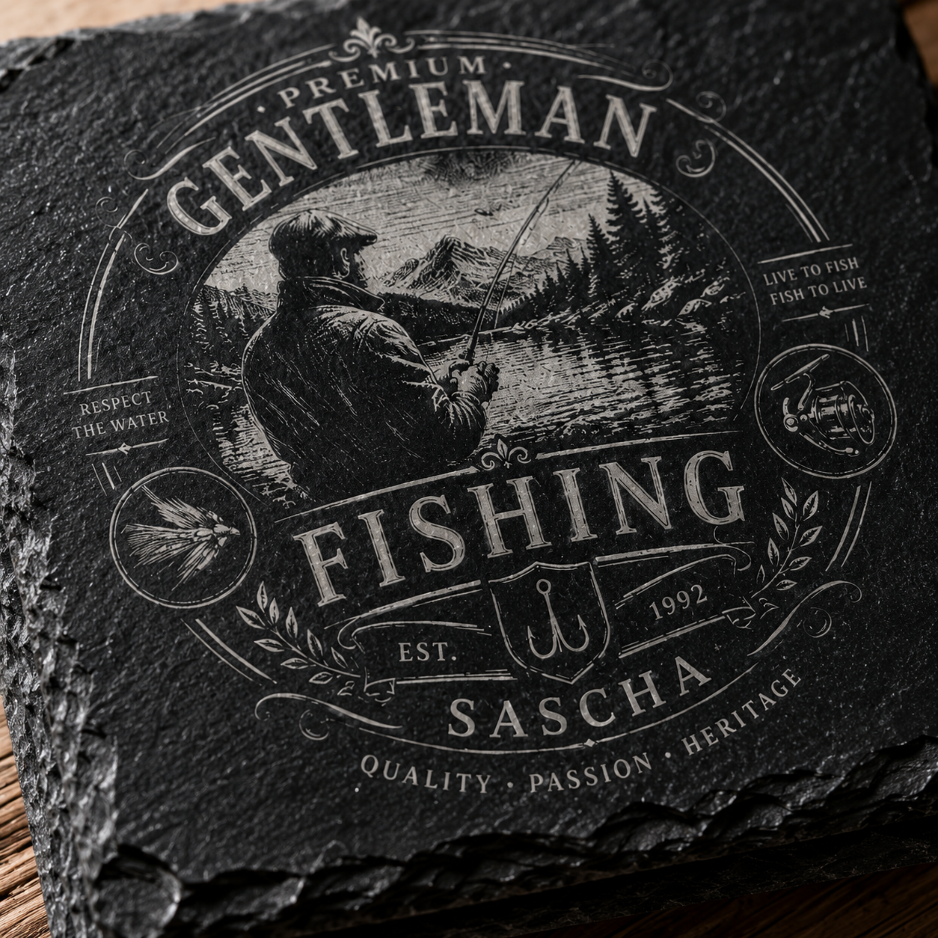 Geschenk für Angler mit personalisiertem Vintage Schieferuntersetzer und Anglermotiv