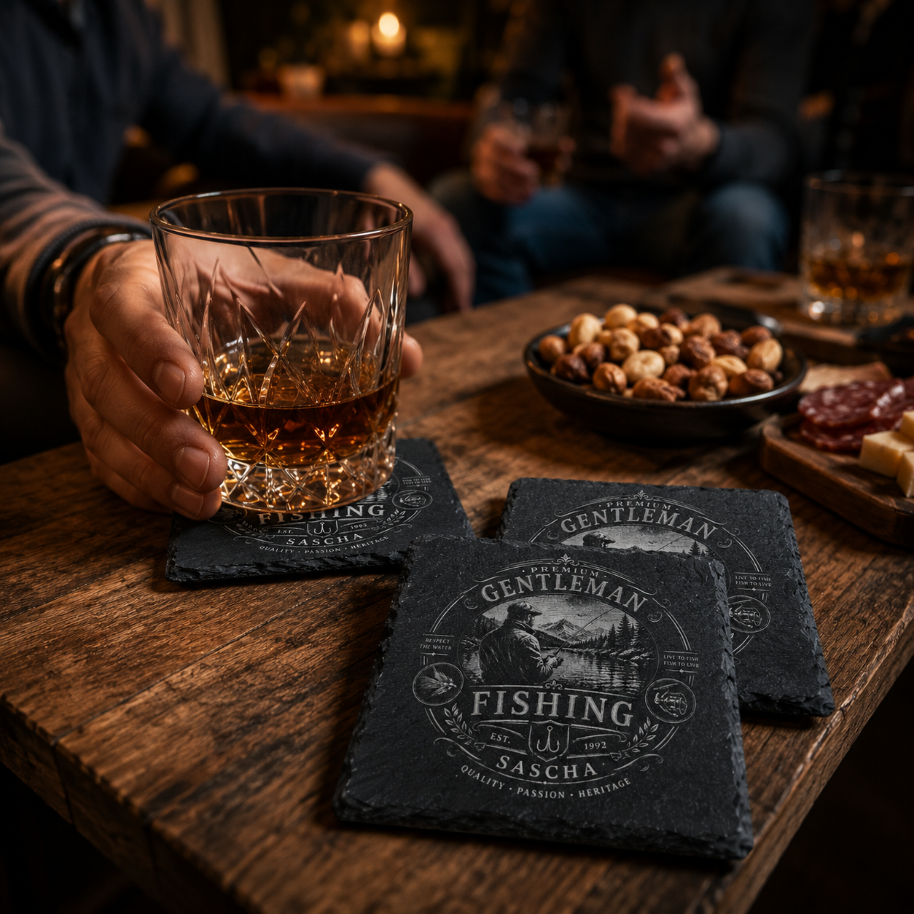 Geschenk für Angler mit personalisiertem Vintage Schieferuntersetzer und Anglermotiv