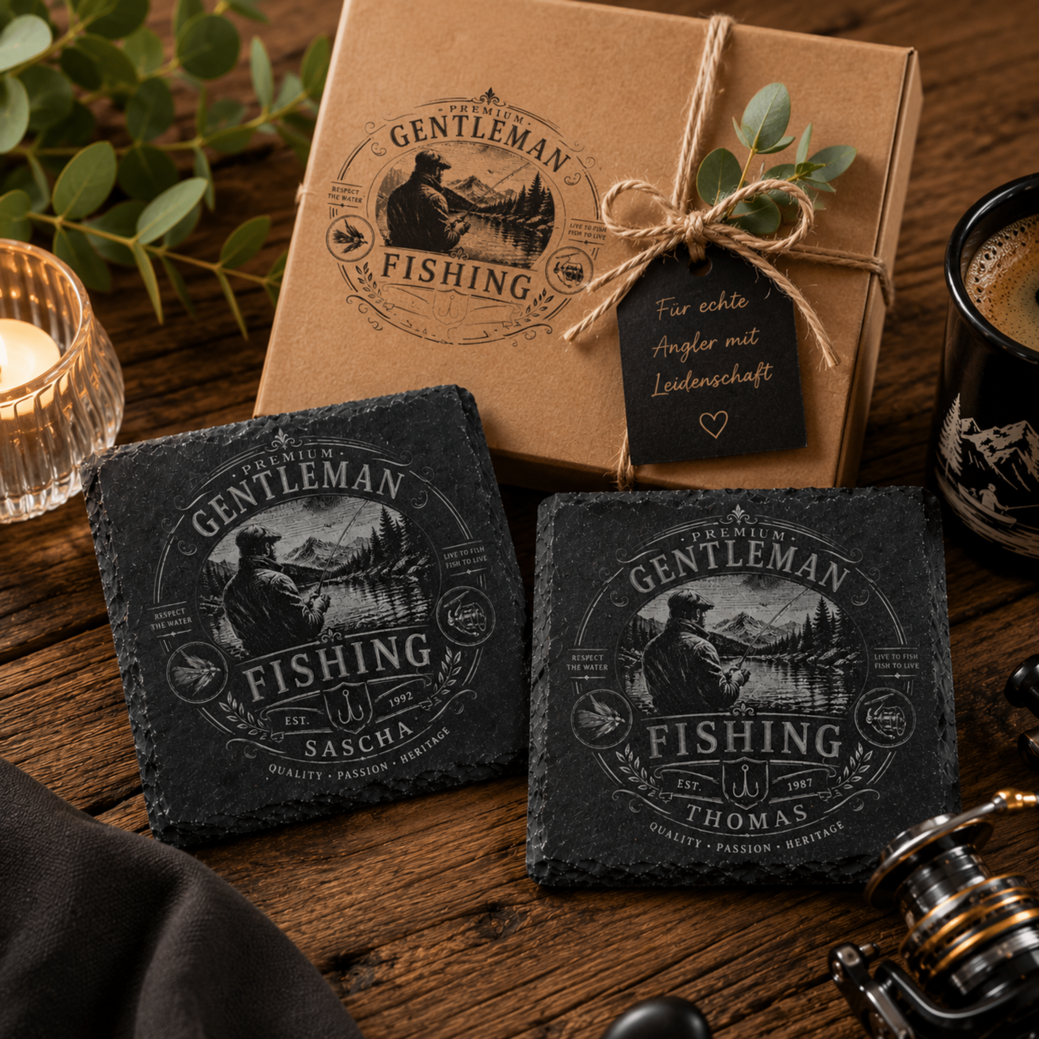 Personalisierter Angler Schieferuntersetzer mit Name & Jahr – Geschenk für Angler - Gravurliebe