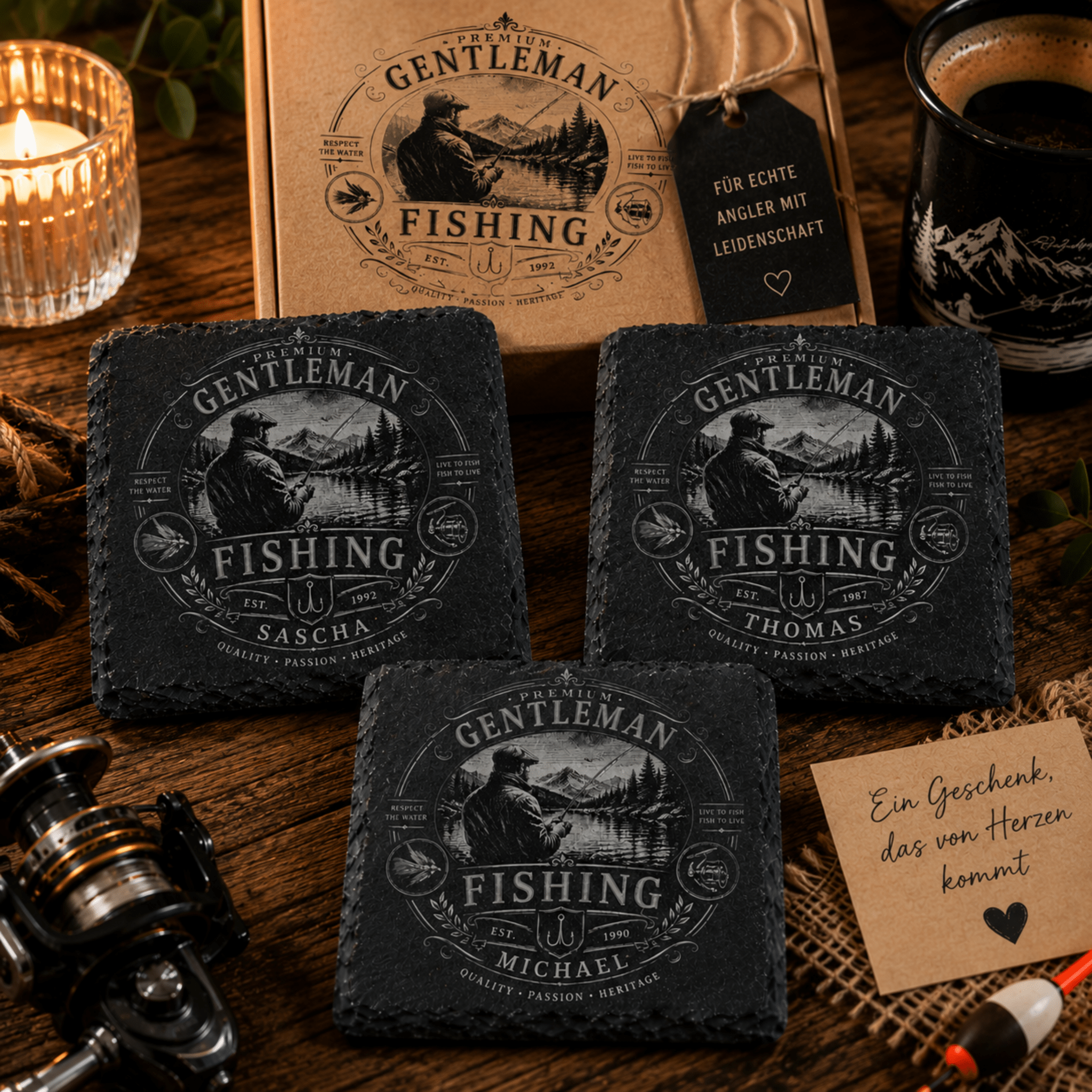 Personalisierter Angler Schieferuntersetzer mit Name & Jahr – Geschenk für Angler - Gravurliebe