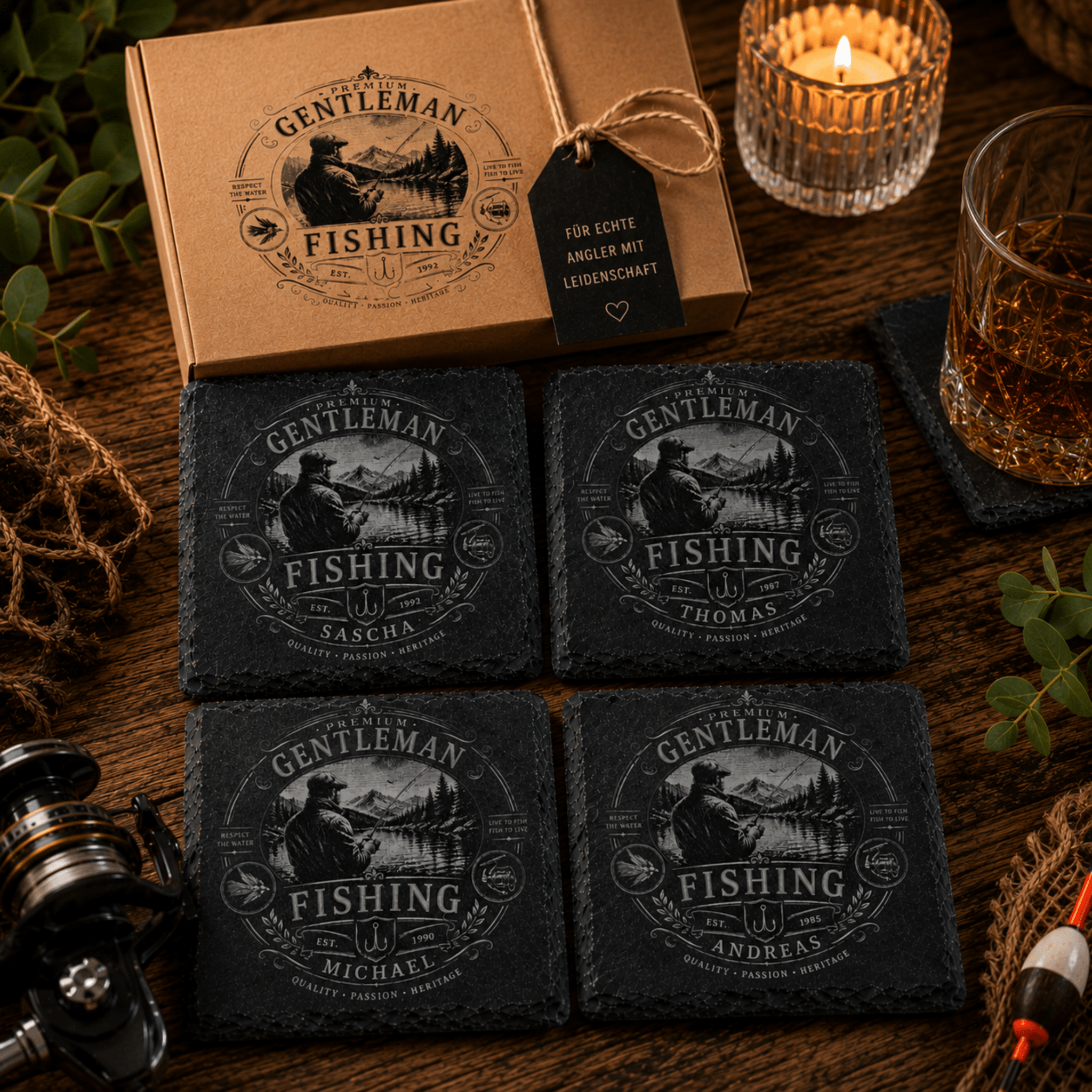 Personalisierter Angler Schieferuntersetzer mit Name & Jahr – Geschenk für Angler - Gravurliebe