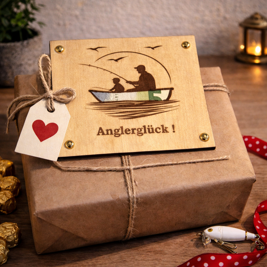 Geldgeschenk Angler aus Holz – personalisierte Geldkarte mit Gravur | Geschenk für Fischer & Männer